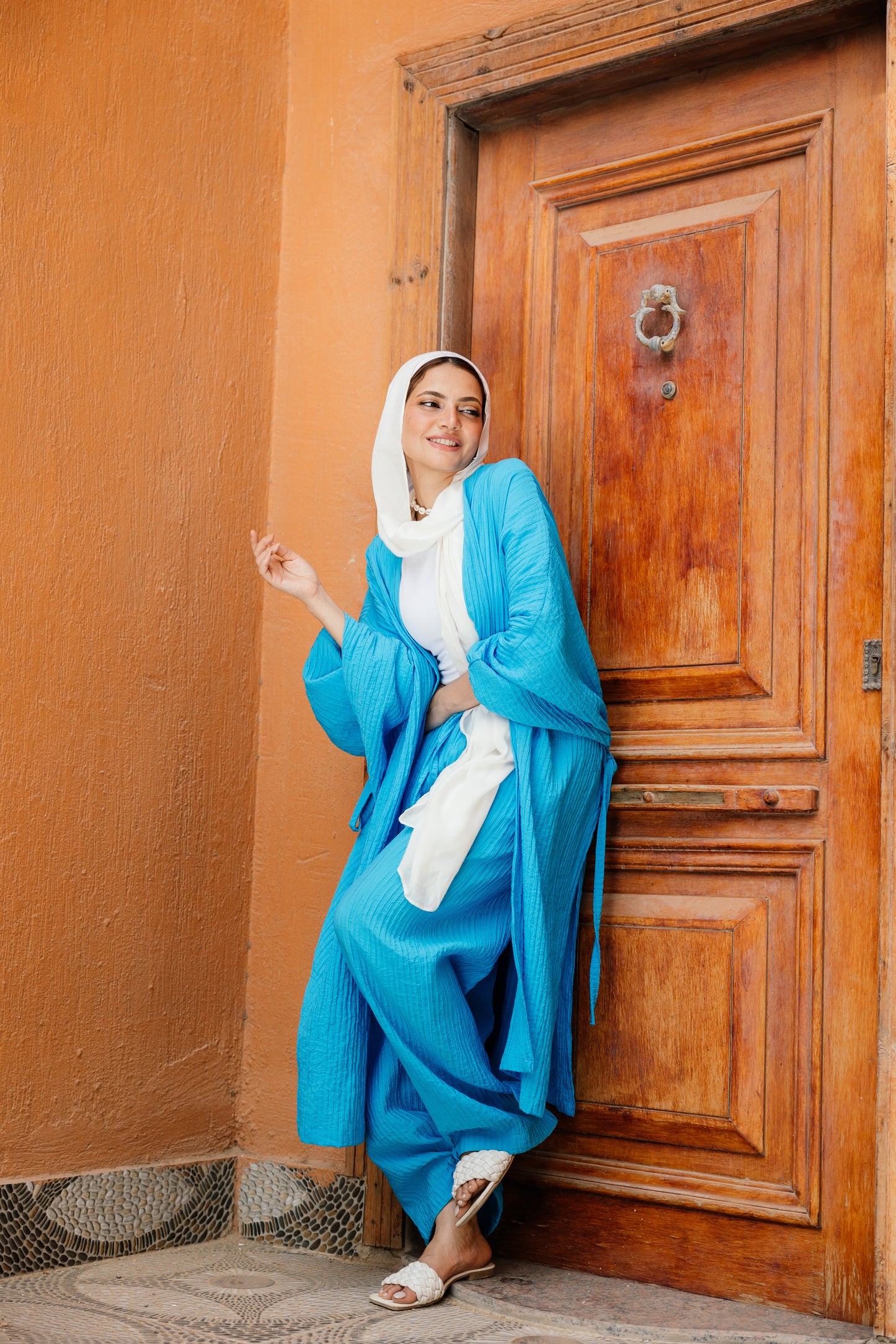 Puffy Sleeves Pleated Set in Turquoise