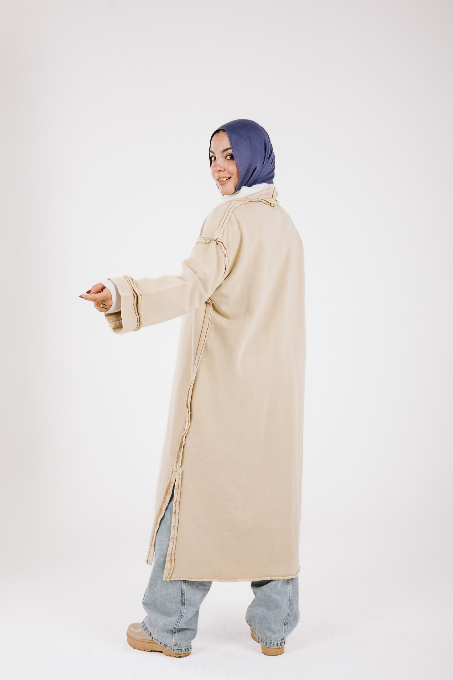 Long Stitches Cotton Melton Washed Cardigan in Beige