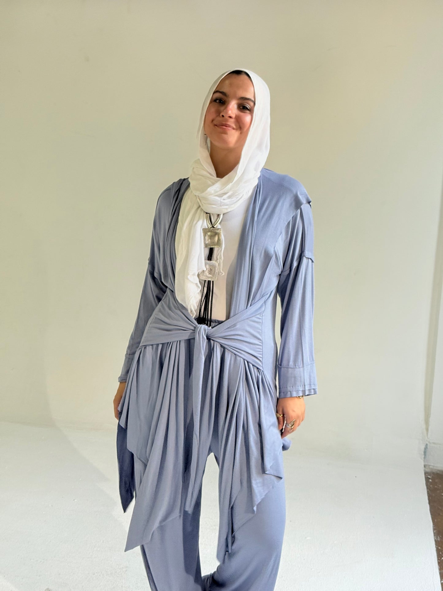 Asymmetrical Cardigan Set in Blue Jeans