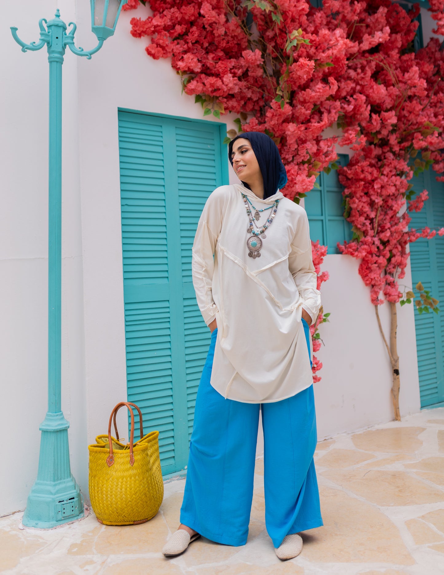 Stitch Cotton Hoodie Top in Off White
