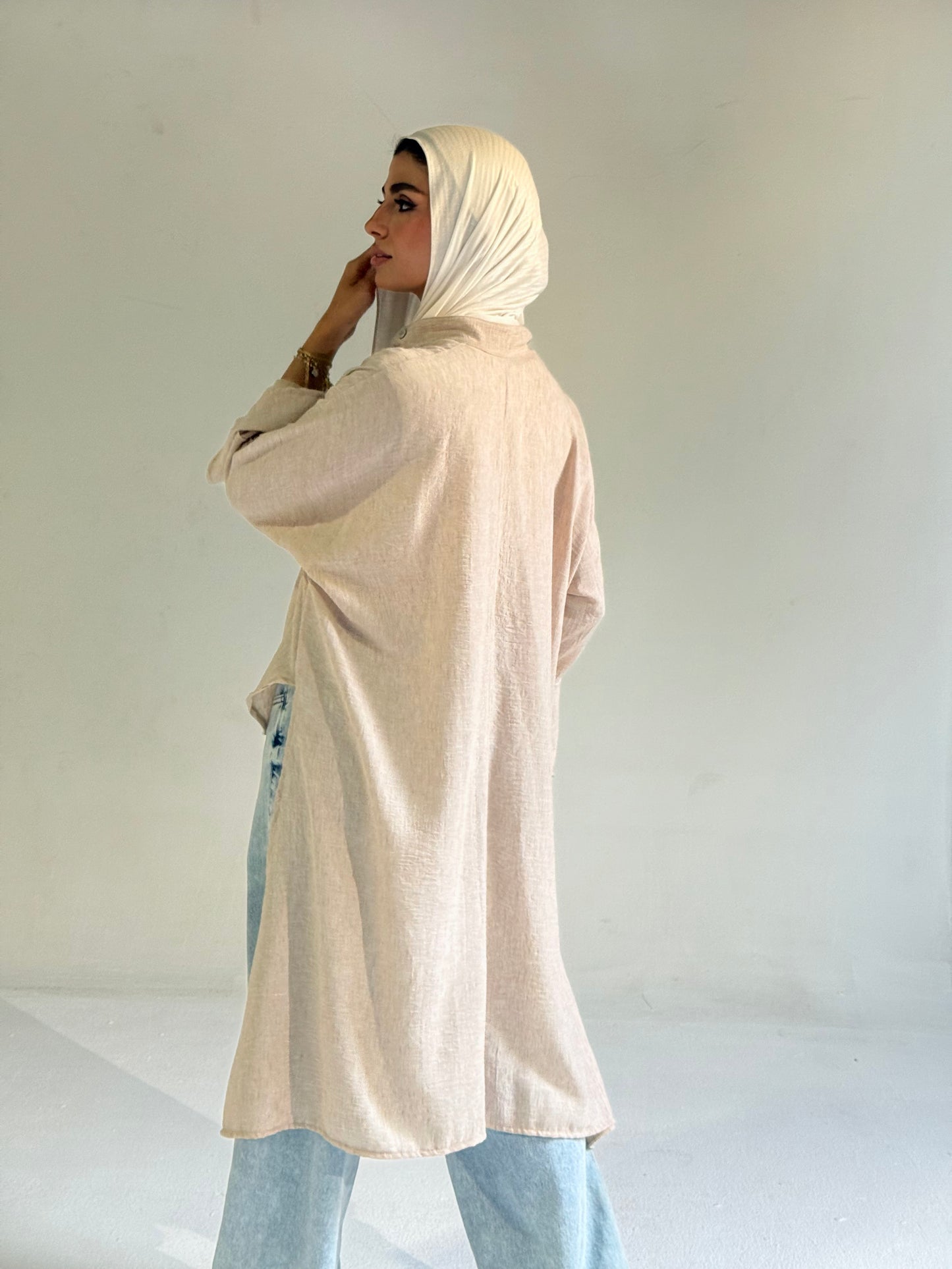 Linen Belted Asymmetrical Shirt in Beige