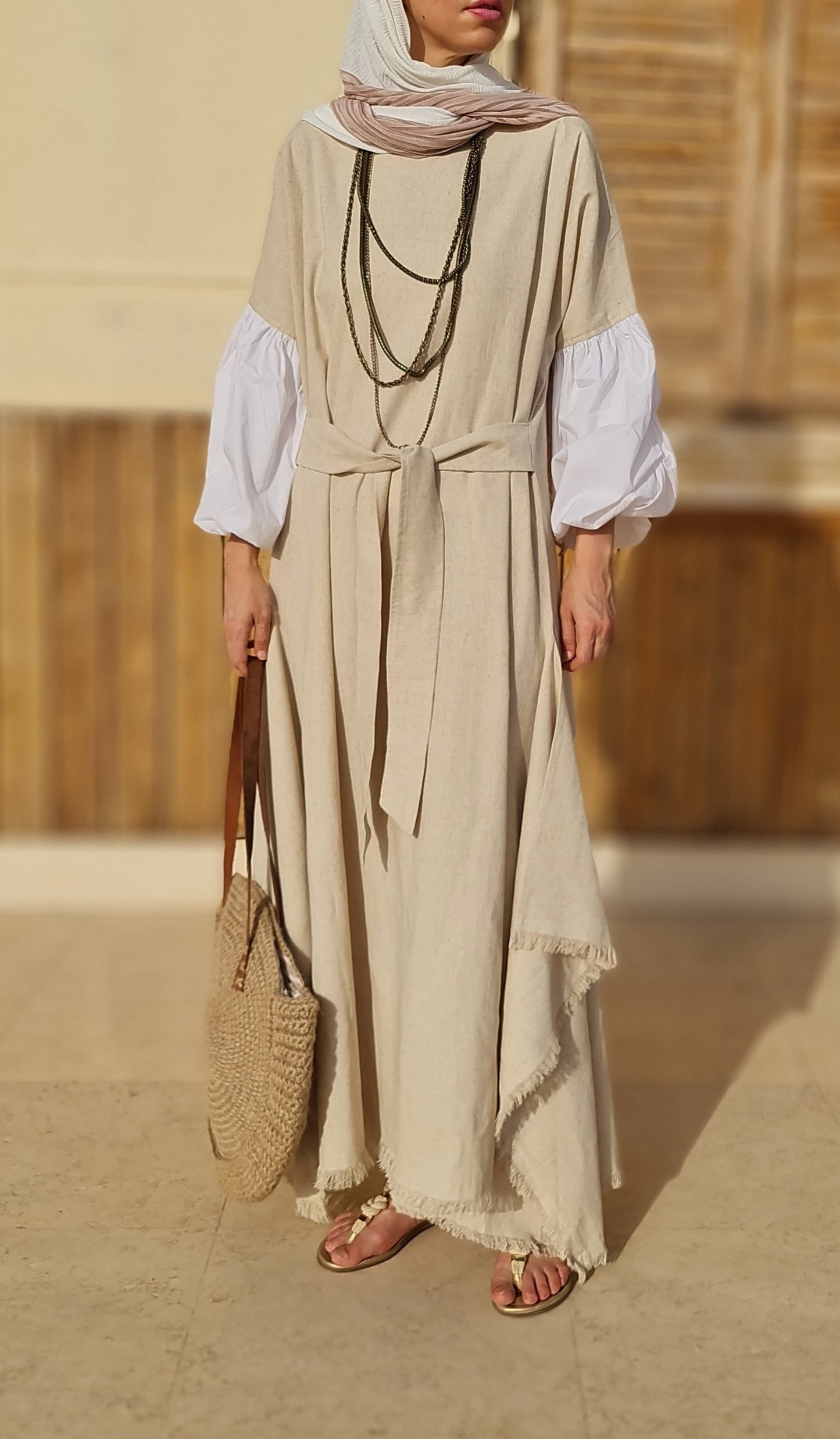 Asymmetrical Linen Wrap Dress in Beige