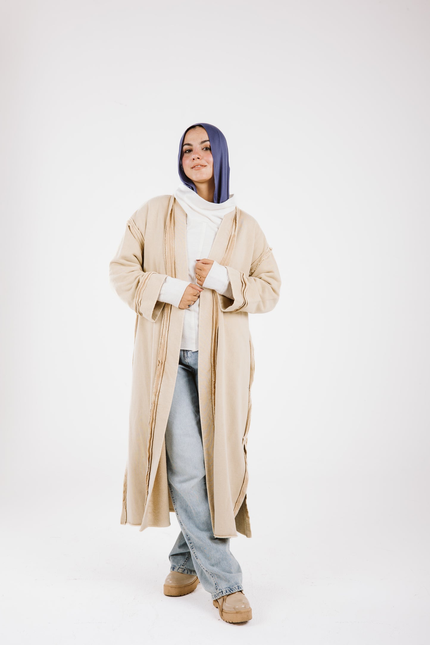 Long Stitches Cotton Melton Washed Cardigan in Beige