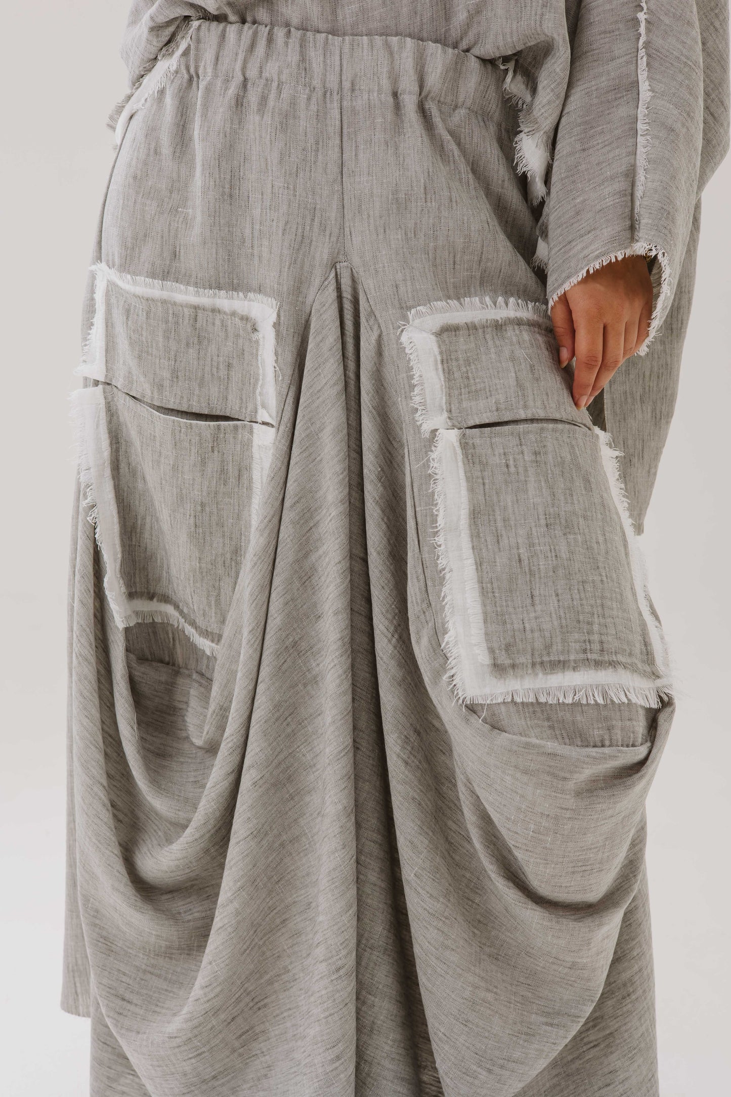 Linen Asymmetrical Pockets Skirt in Grey