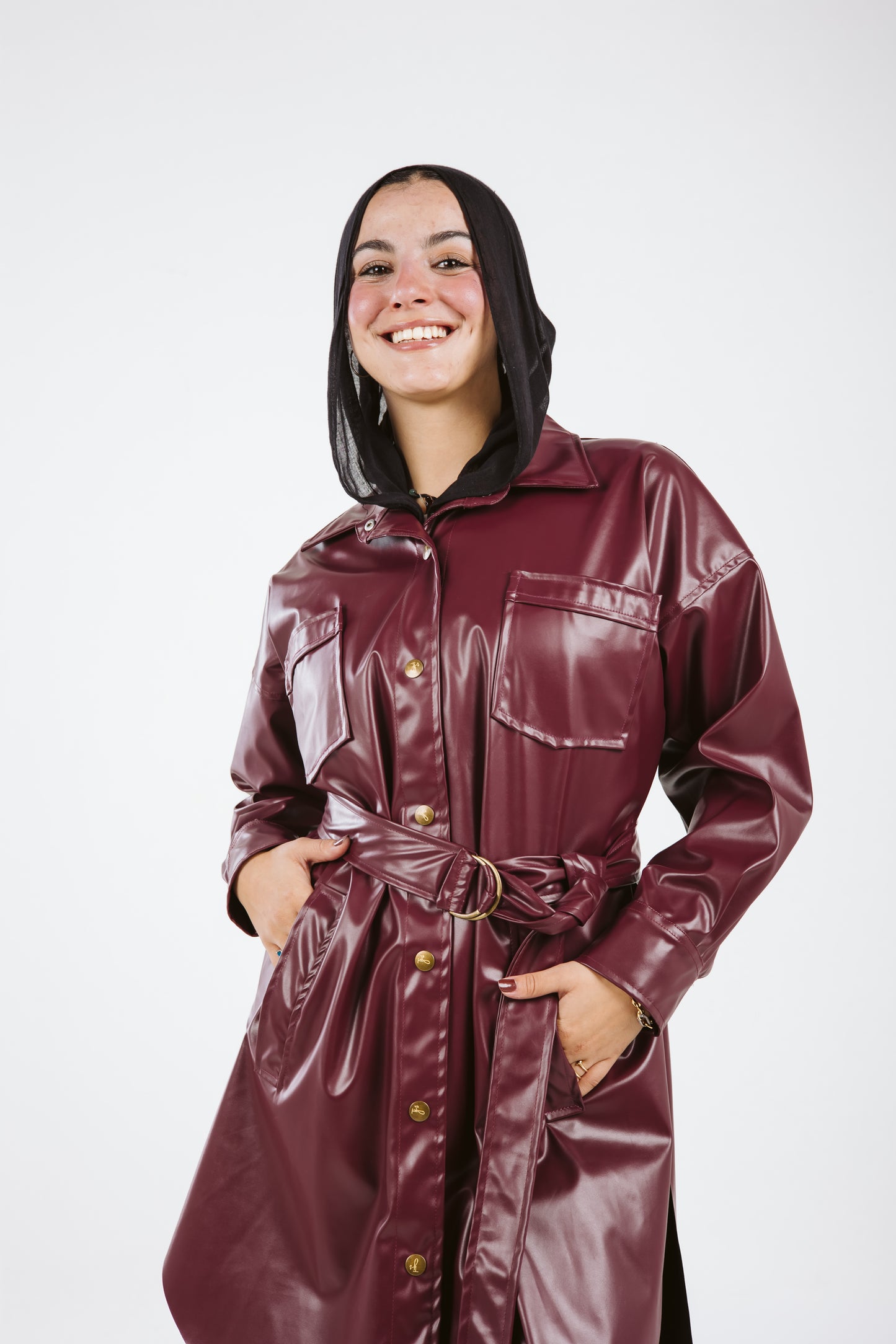Faux Leather High Low Shirt in Burgundy