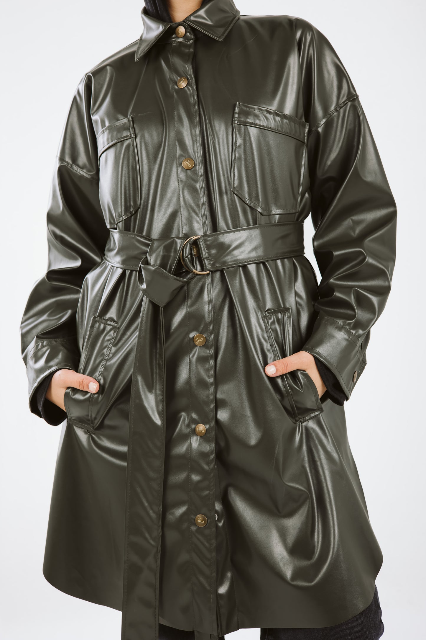 Faux Leather High Low Shirt in Olive