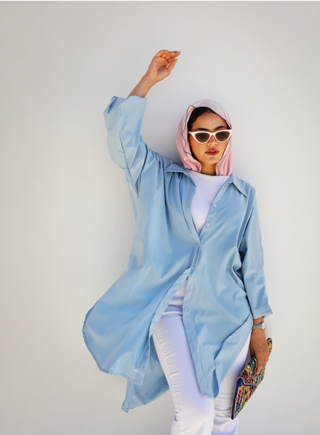 Puffy Sleeves High Low Shirt in Baby Blue