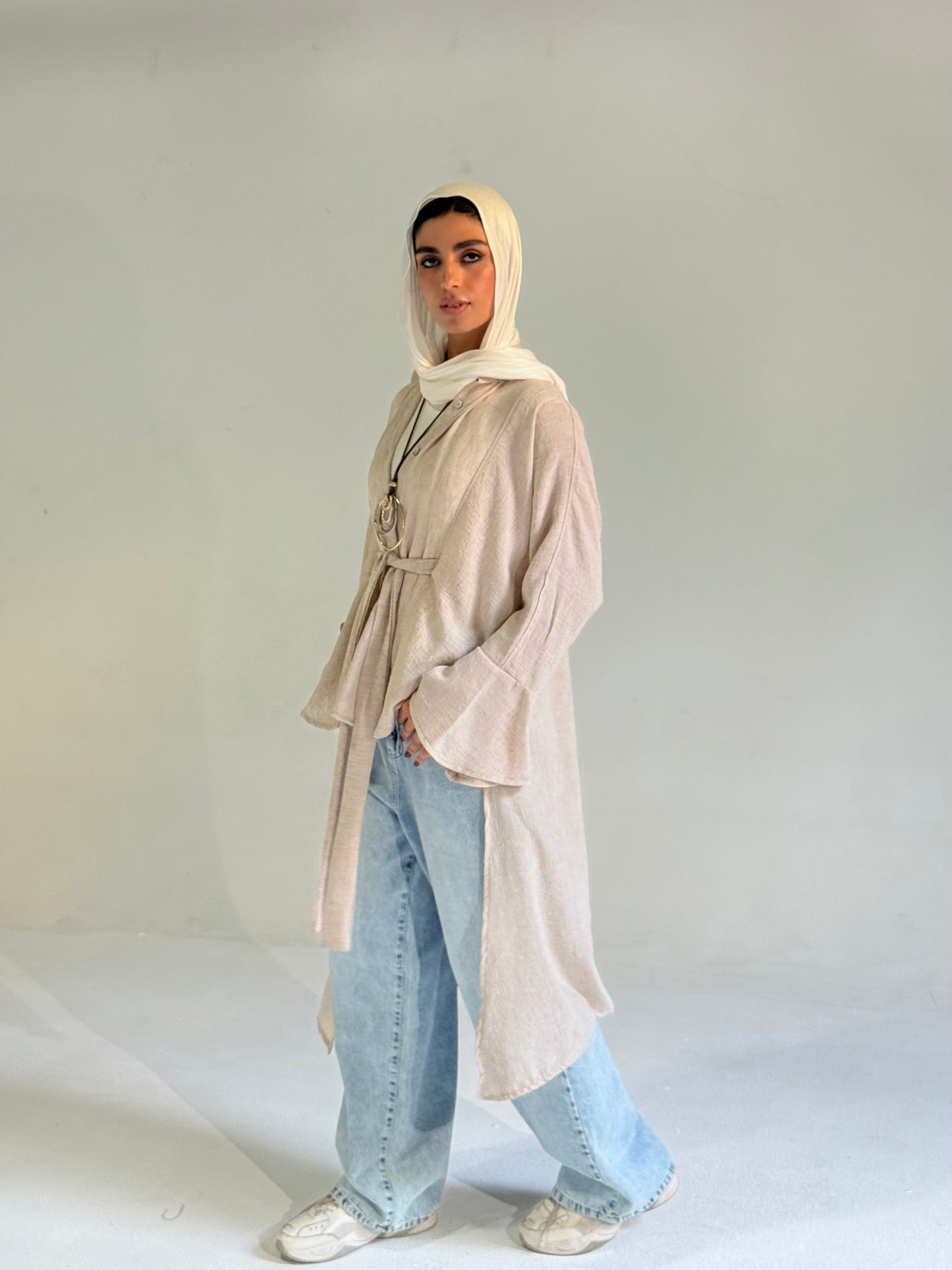 Linen Belted Asymmetrical Shirt in Beige
