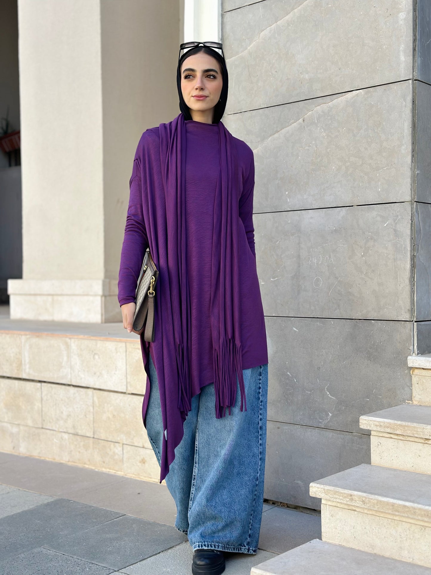 Waves Top with Fringes Scarf in Purple