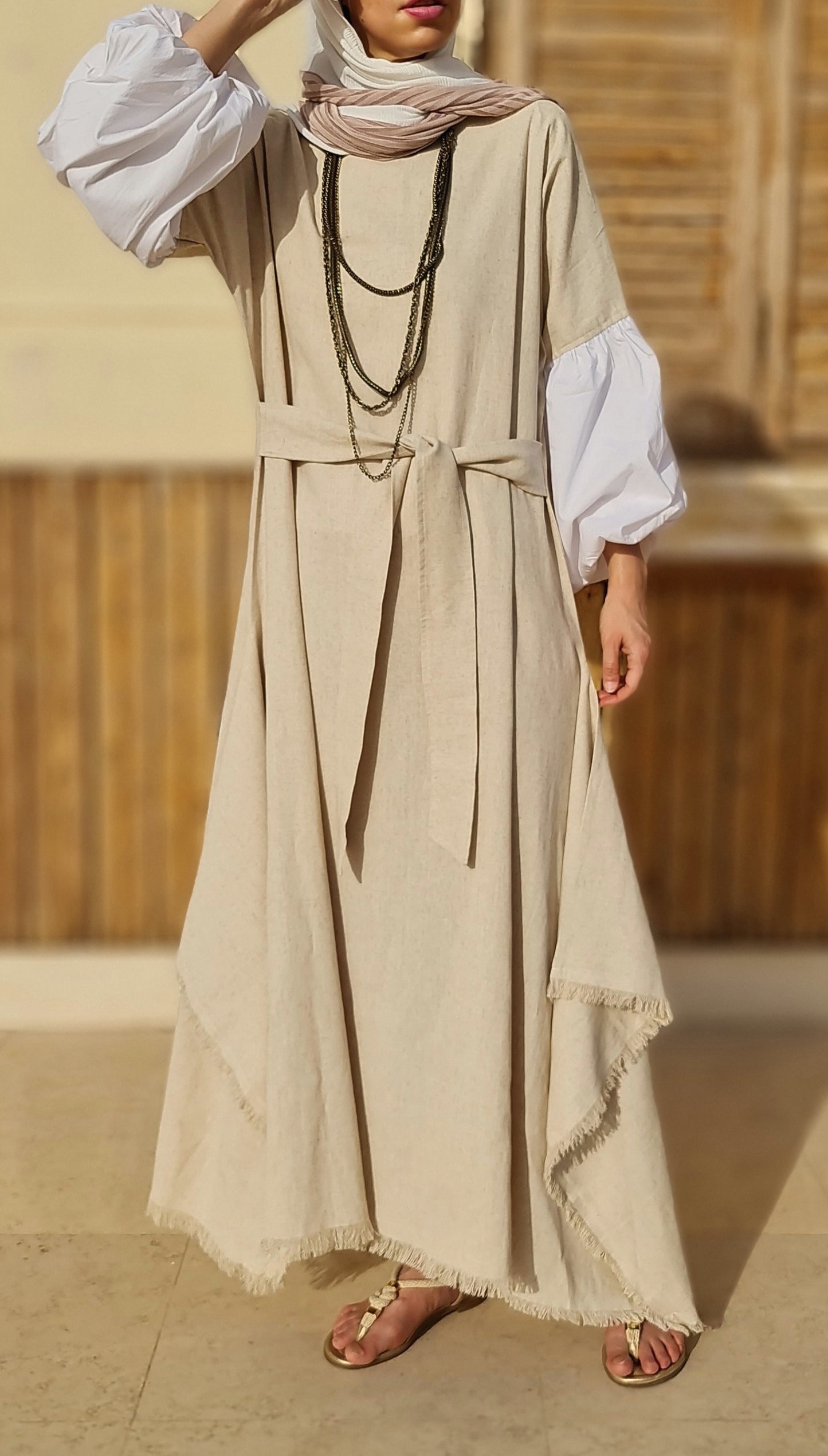 Asymmetrical Linen Wrap Dress in Beige