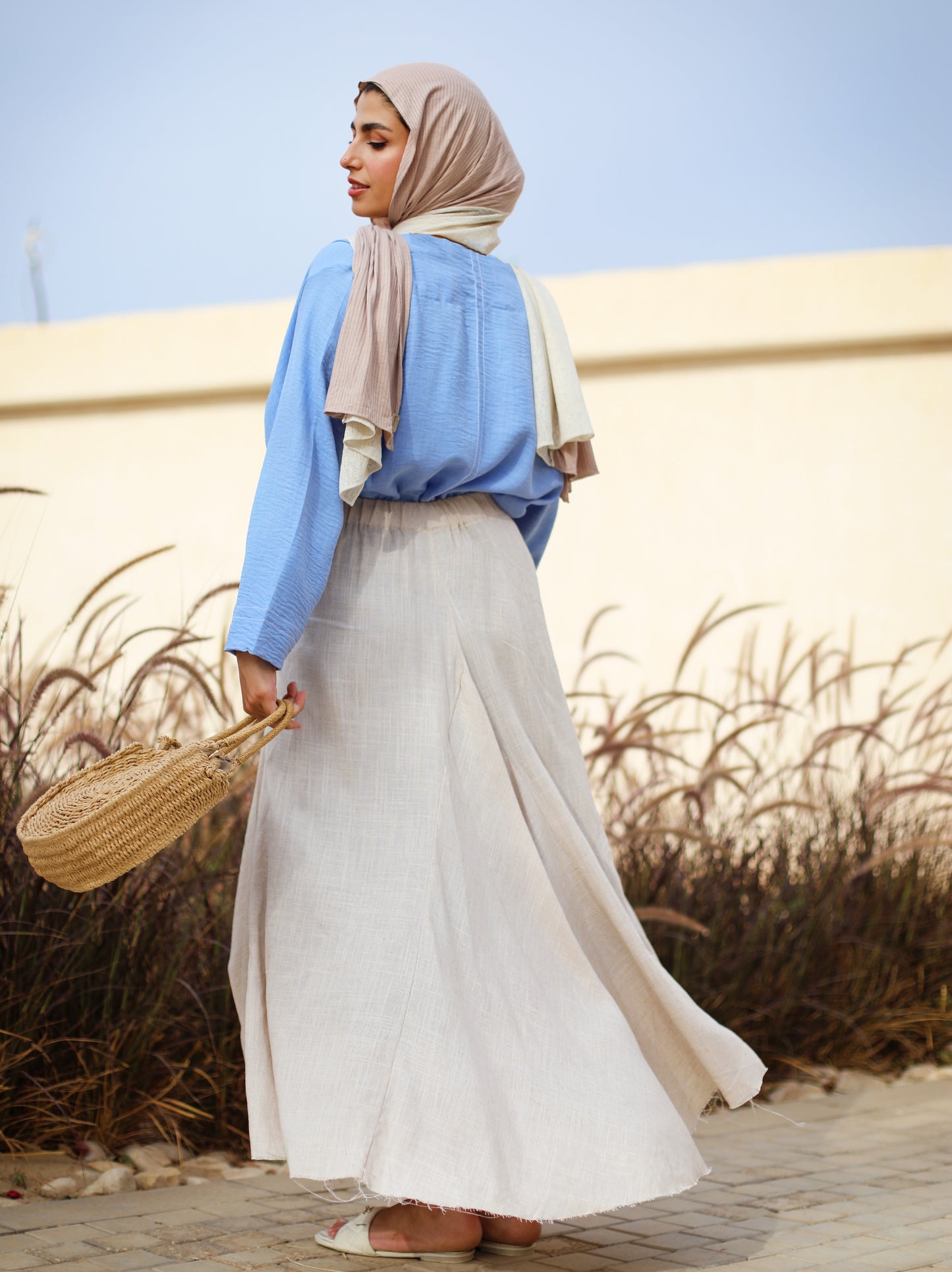 Asymmetrical Linen Pockets Skirt in Beige