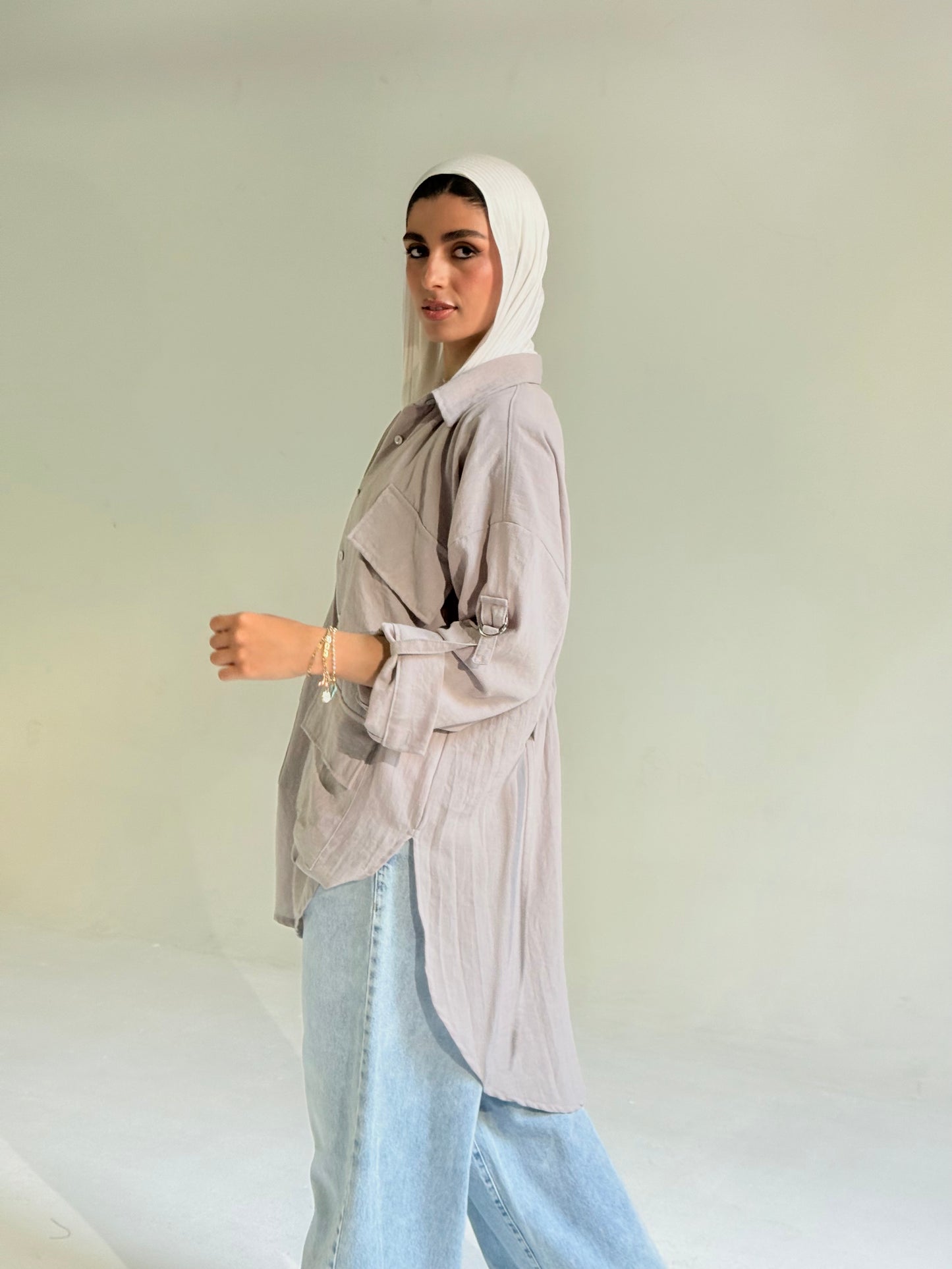Linen Pockets Oversized High Low Shirt in Light Grey