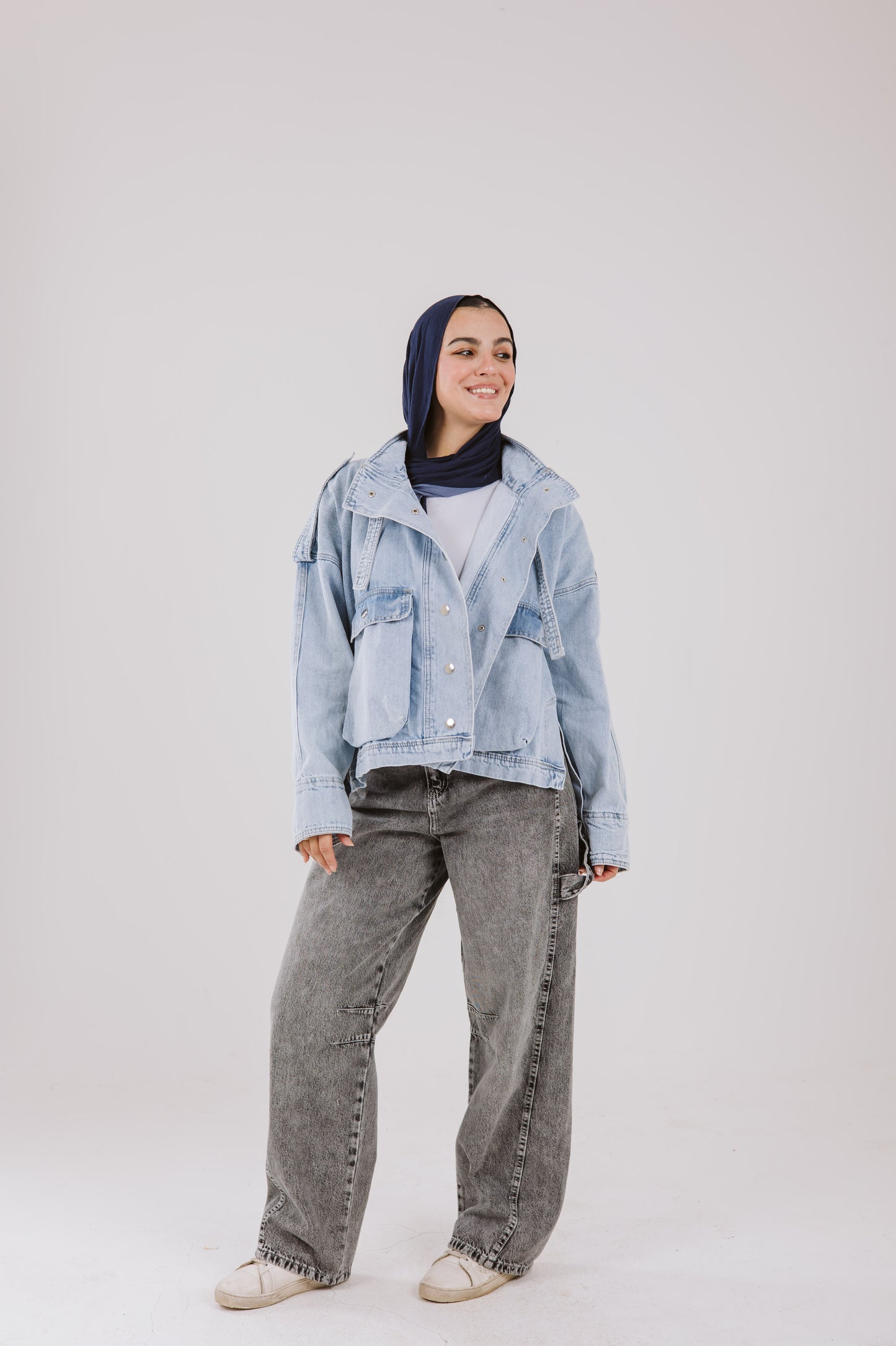 High Waist Balloon Denim Pants in Washed Gray