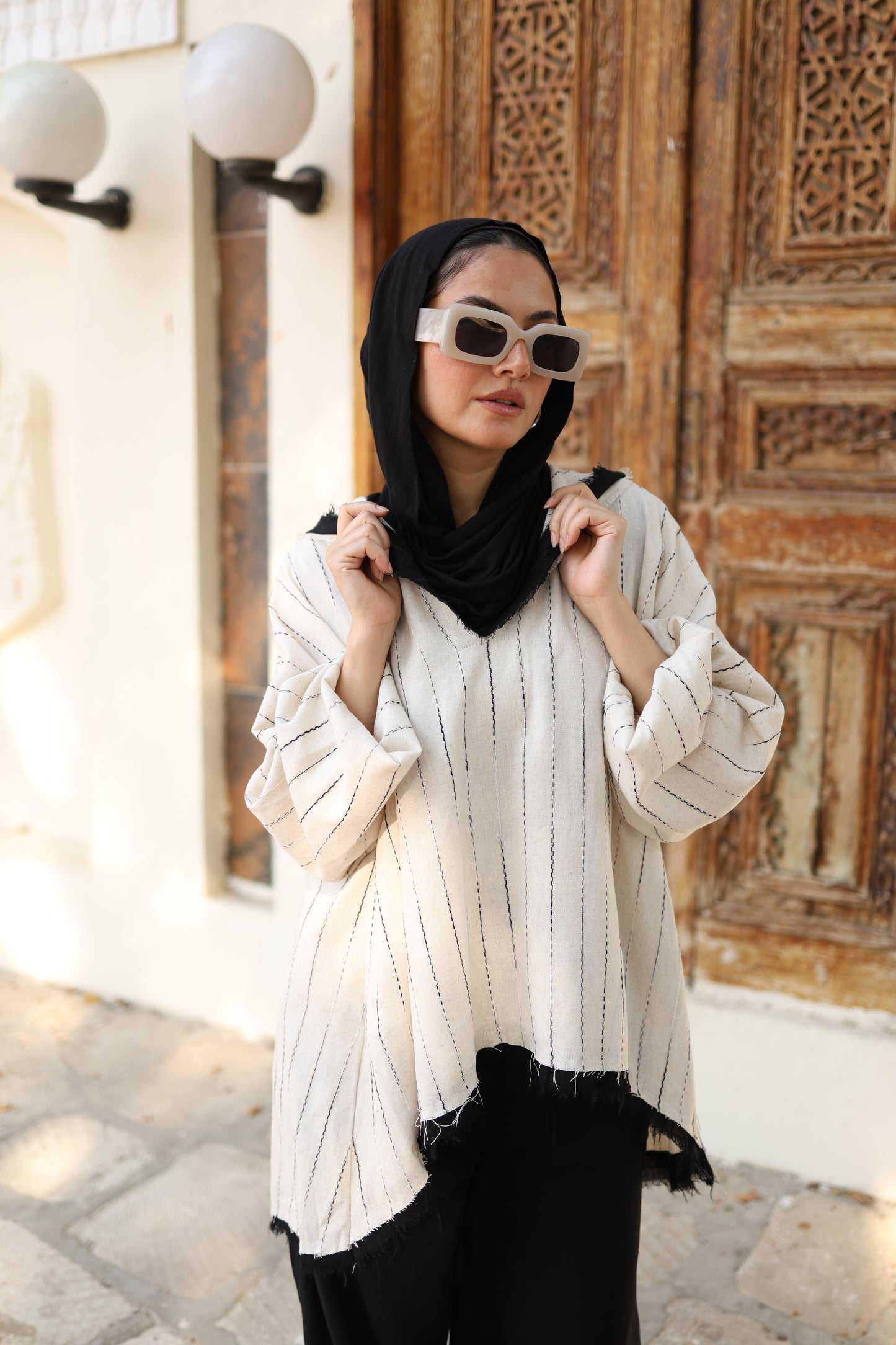 Flowy Stripes Linen Top in Ivory
