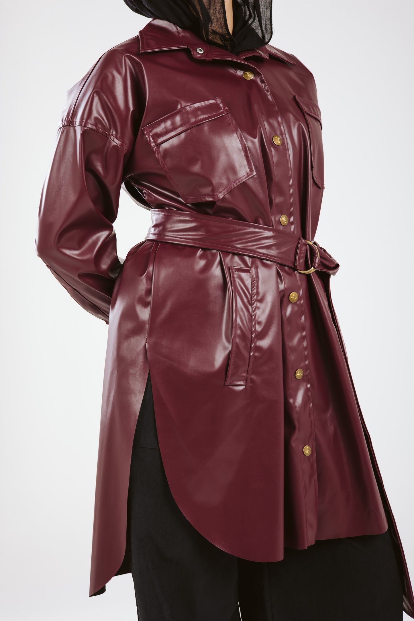 Faux Leather High Low Shirt in Burgundy