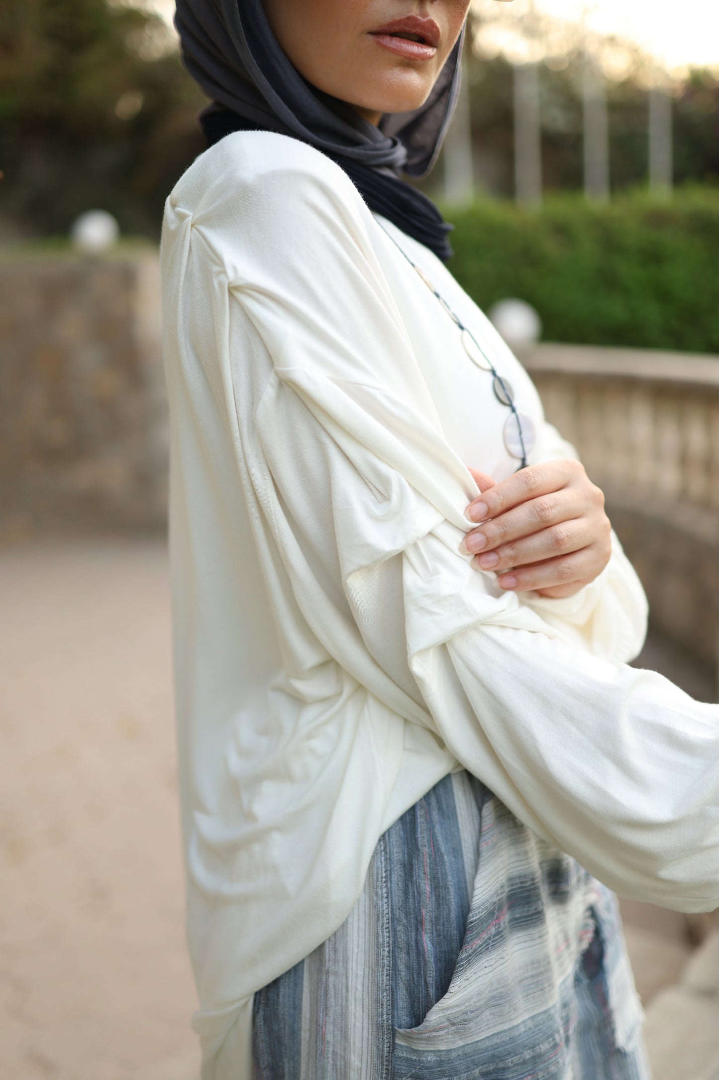 High Low Drapee Sleeves Top in Off White