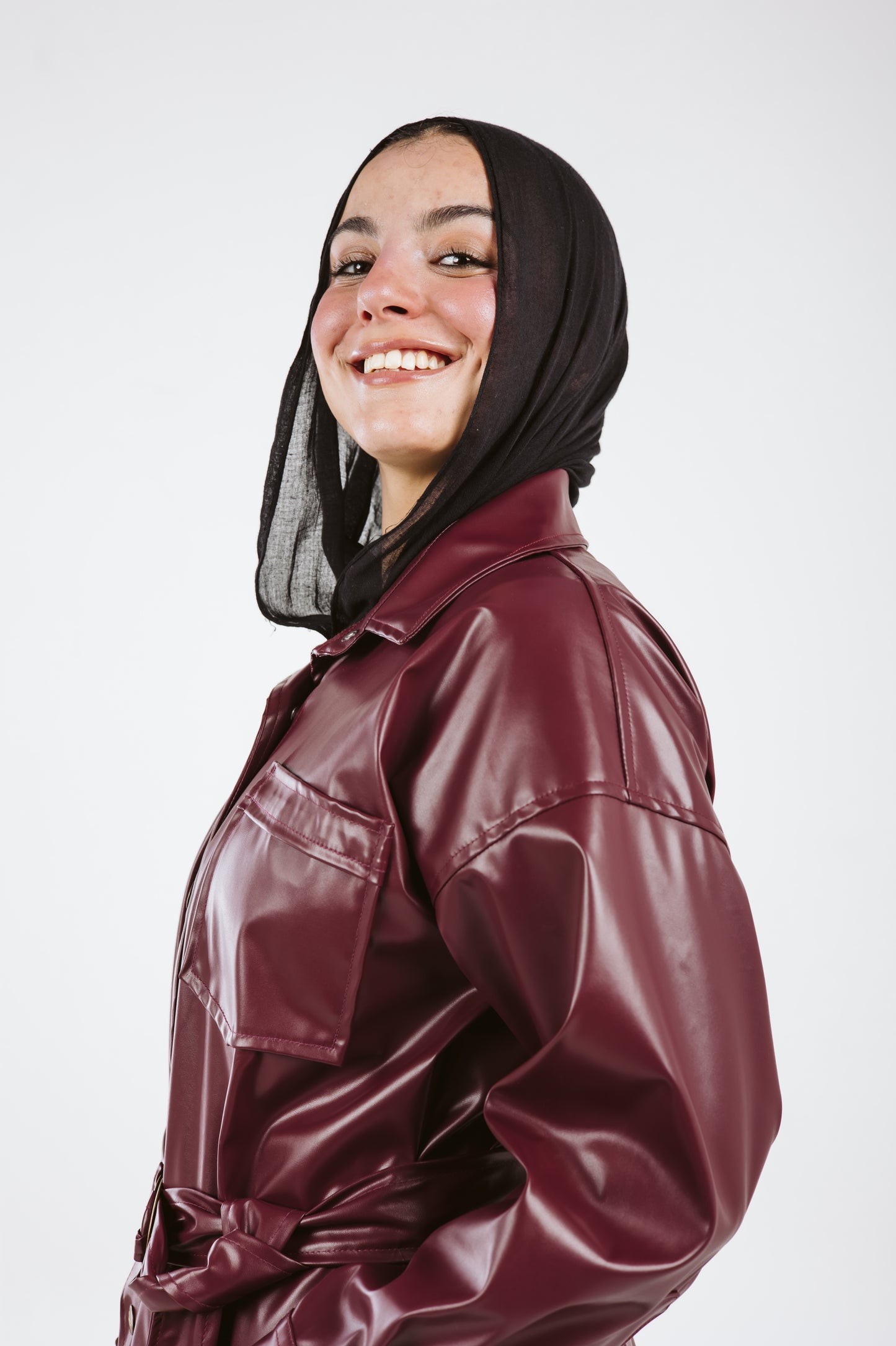 Faux Leather High Low Shirt in Burgundy
