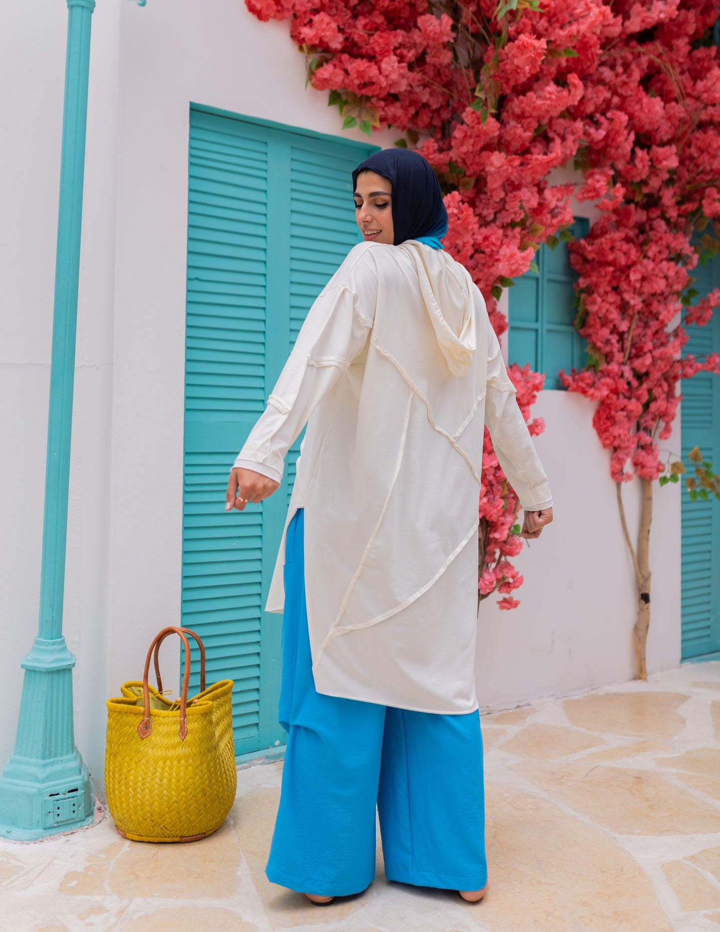 Stitch Cotton Hoodie Top in Off White