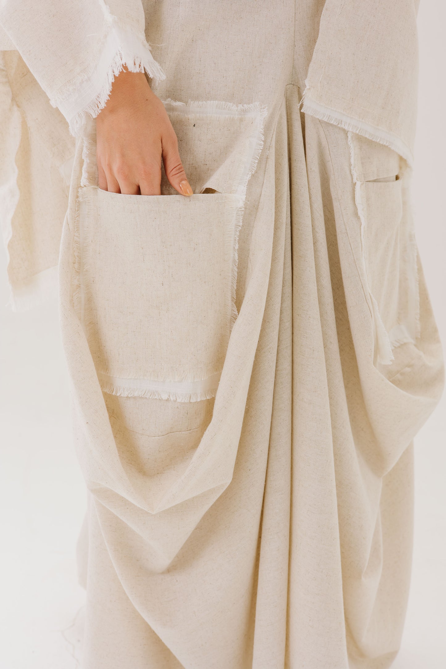 Asymmetrical Linen Pockets Skirt in Beige