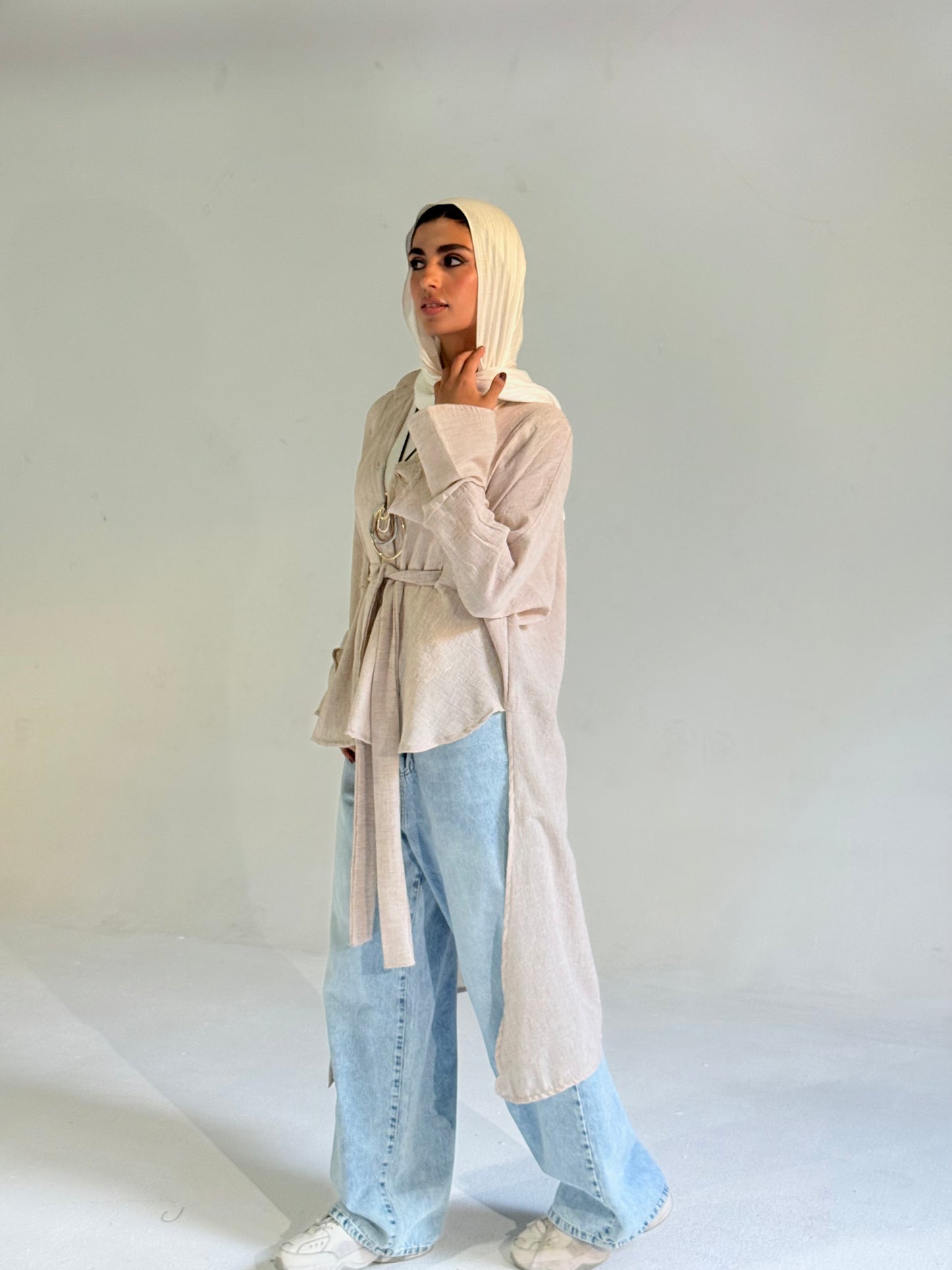 Linen Belted Asymmetrical Shirt in Beige