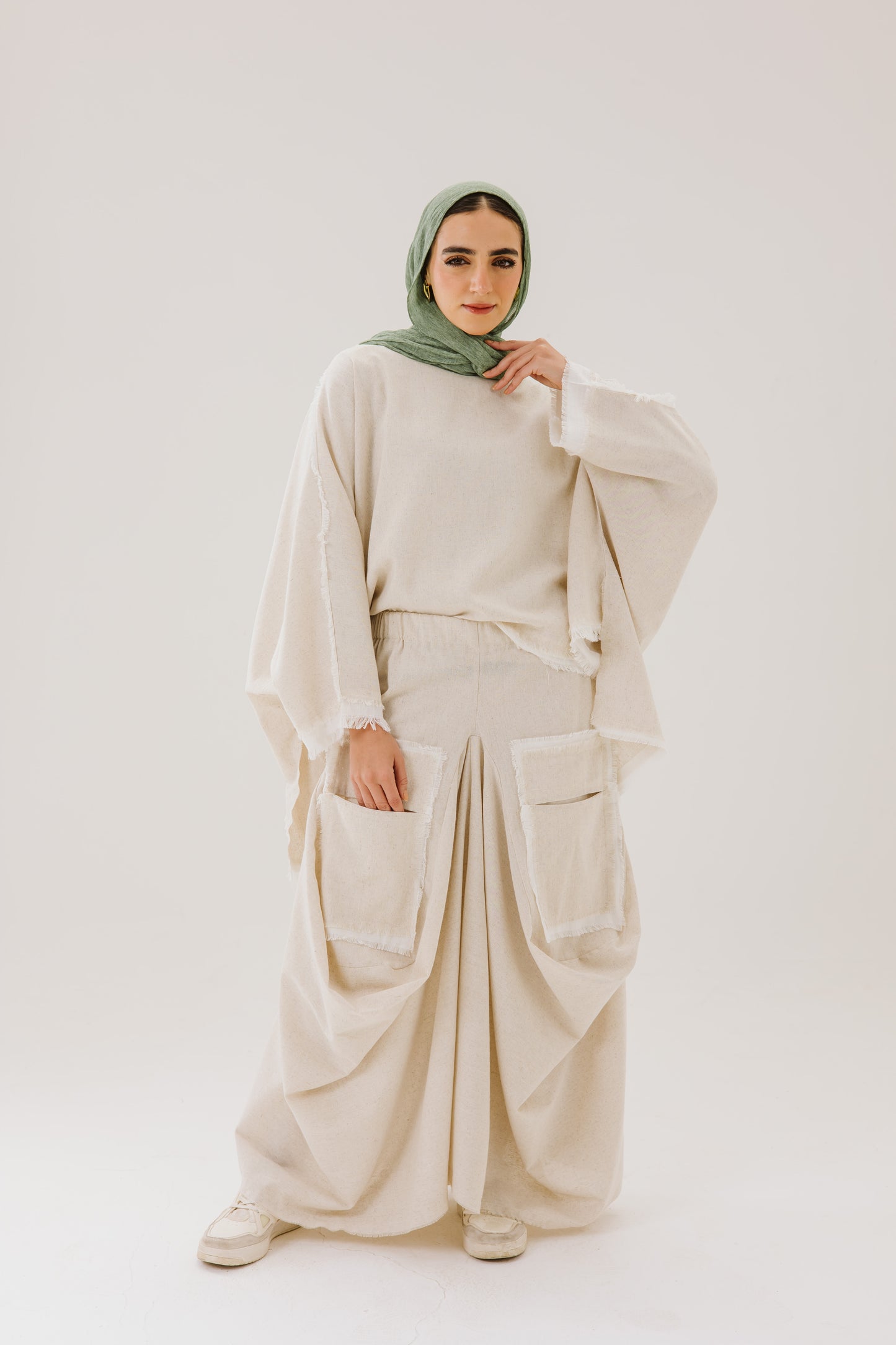 Asymmetrical Linen Pockets Skirt in Beige
