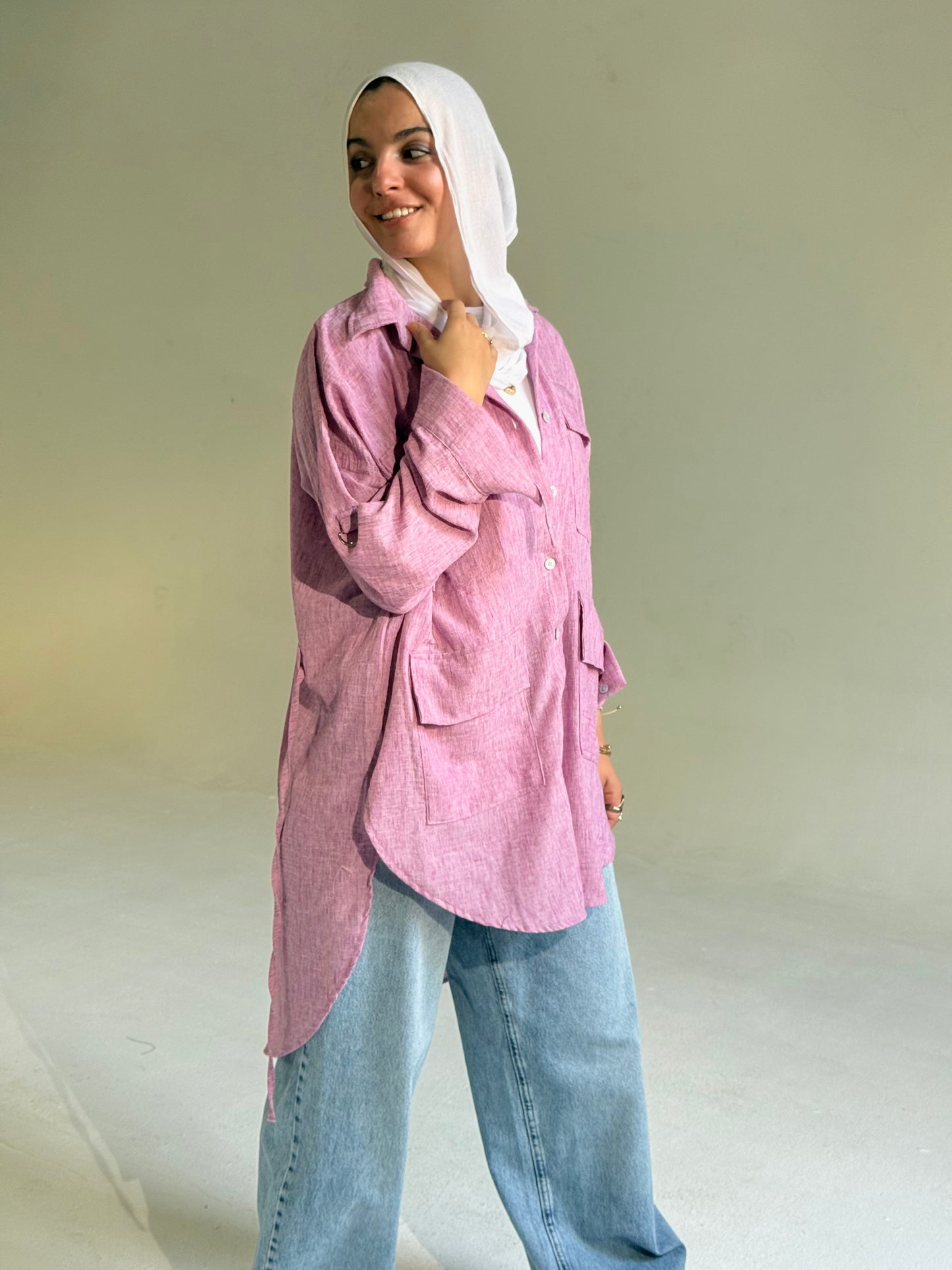 Linen Pockets oversized Shirt in Orchid Pink