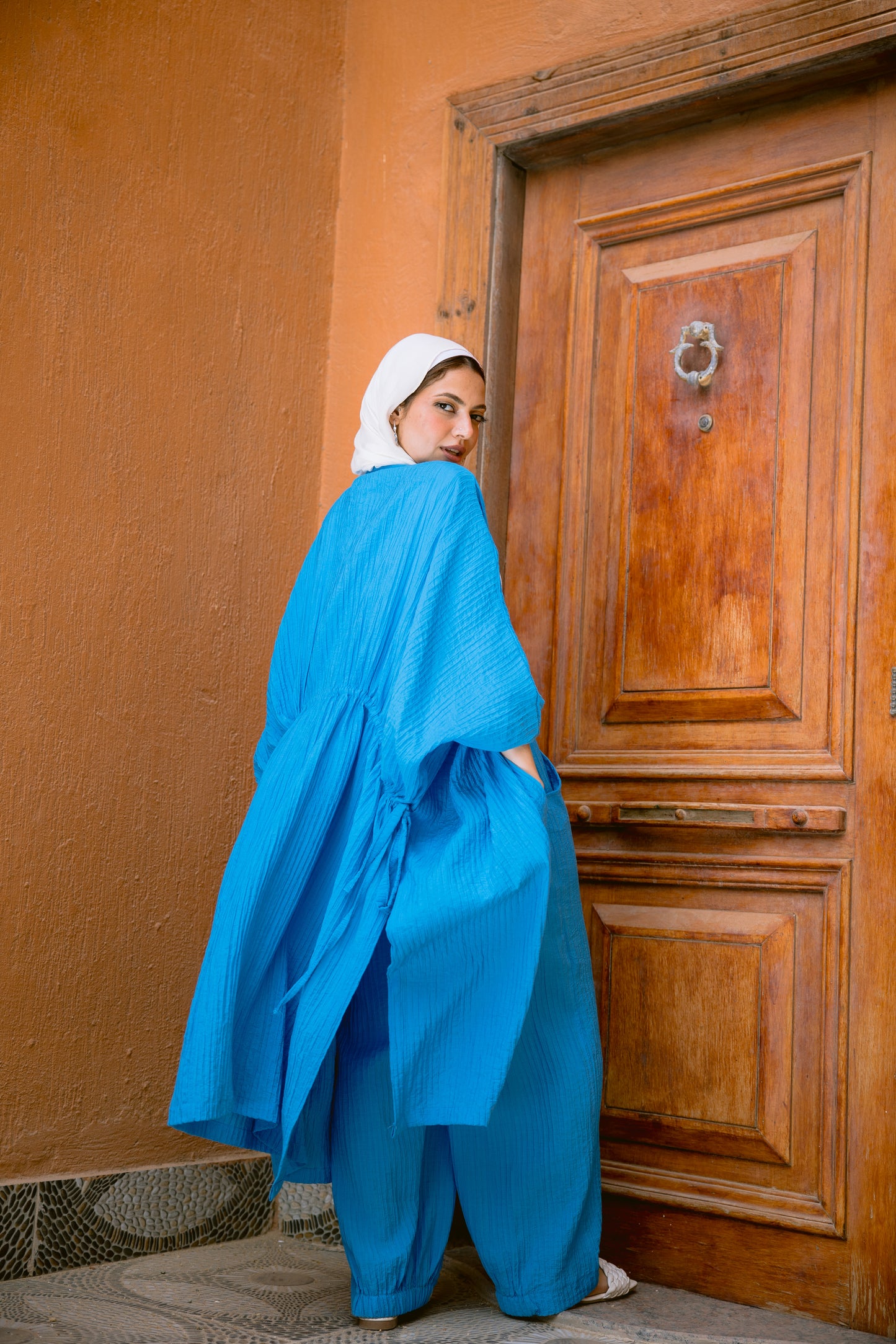 Puffy Sleeves Pleated Set in Turquoise