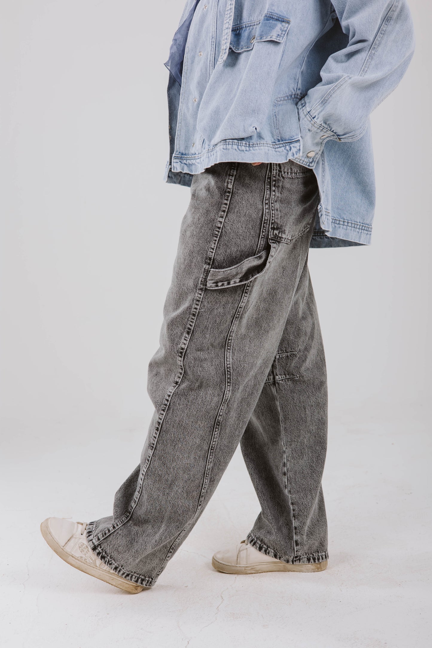High Waist Balloon Denim Pants in Washed Gray