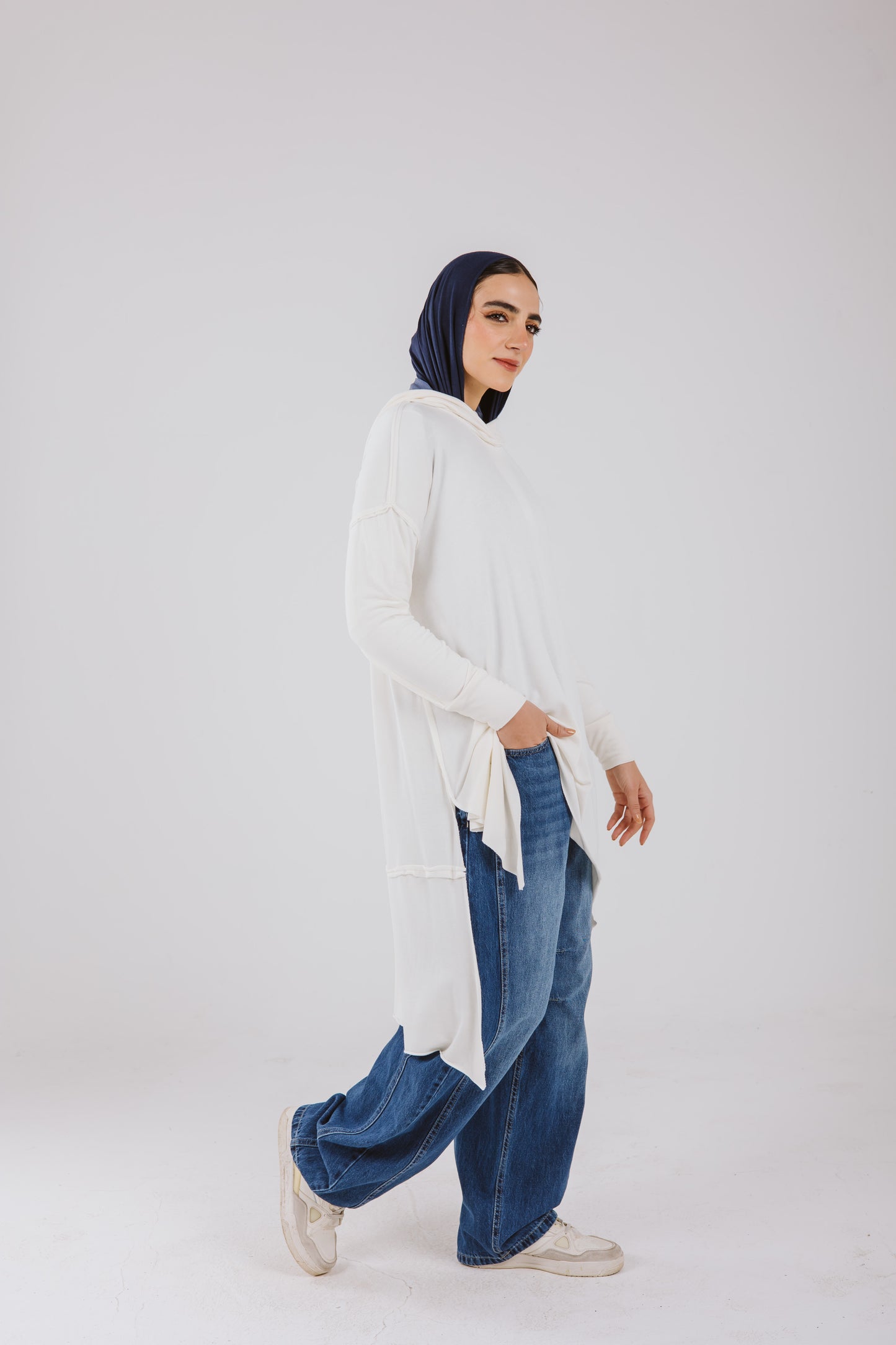 Asymmetrical Stitches Hoodie Top in White