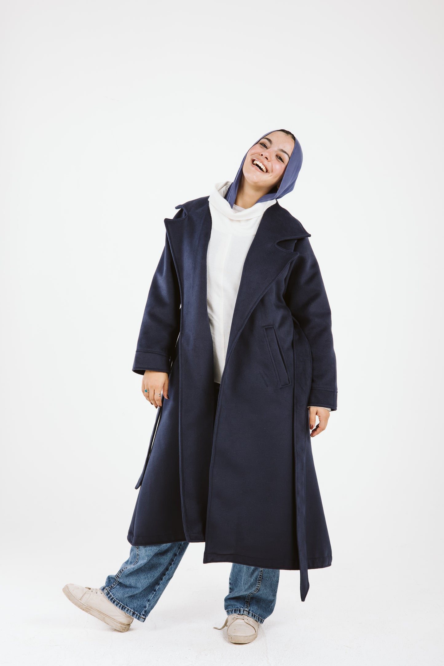 Woolen Trench Coat in Navy Blue