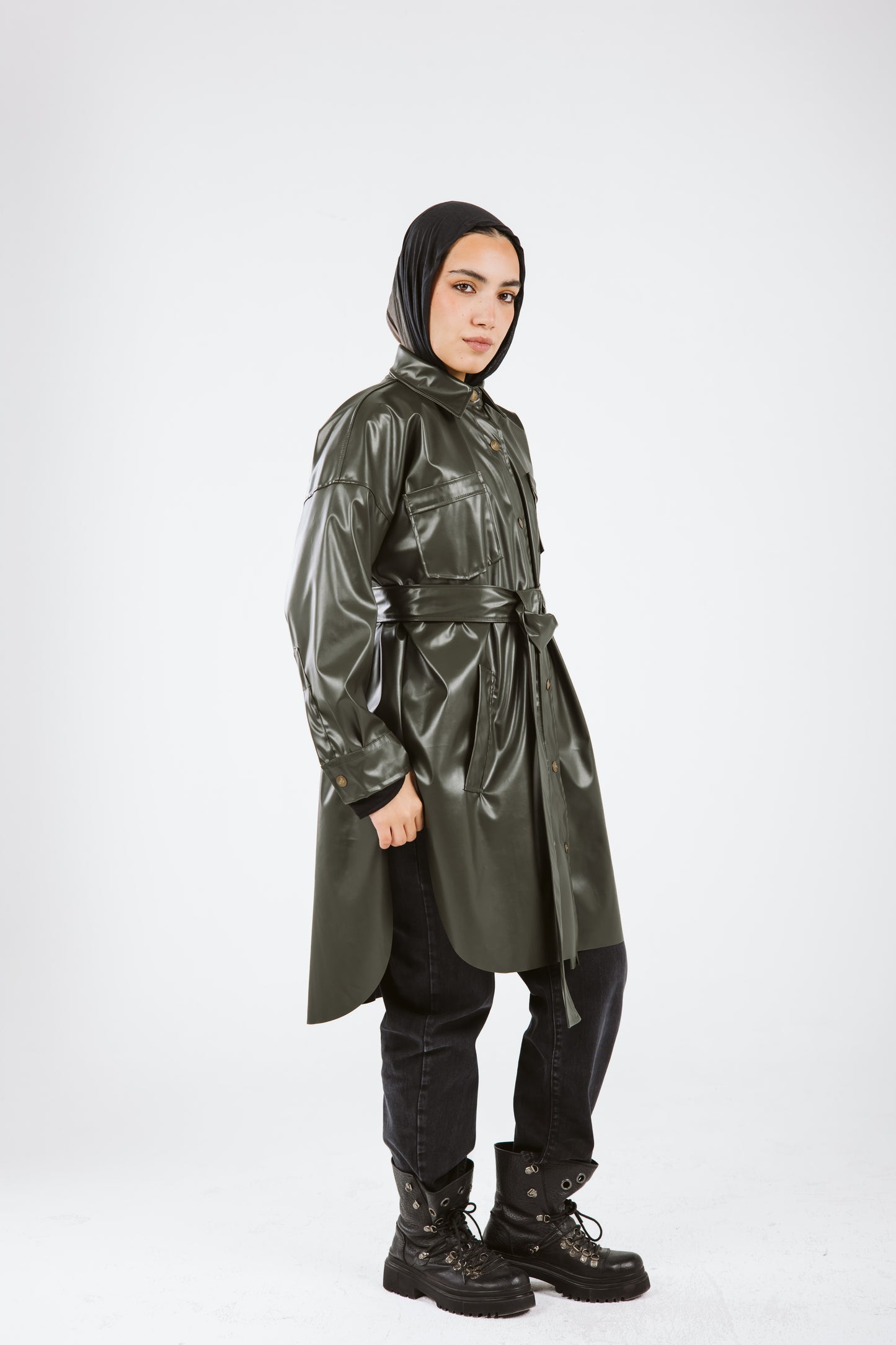 Faux Leather High Low Shirt in Olive