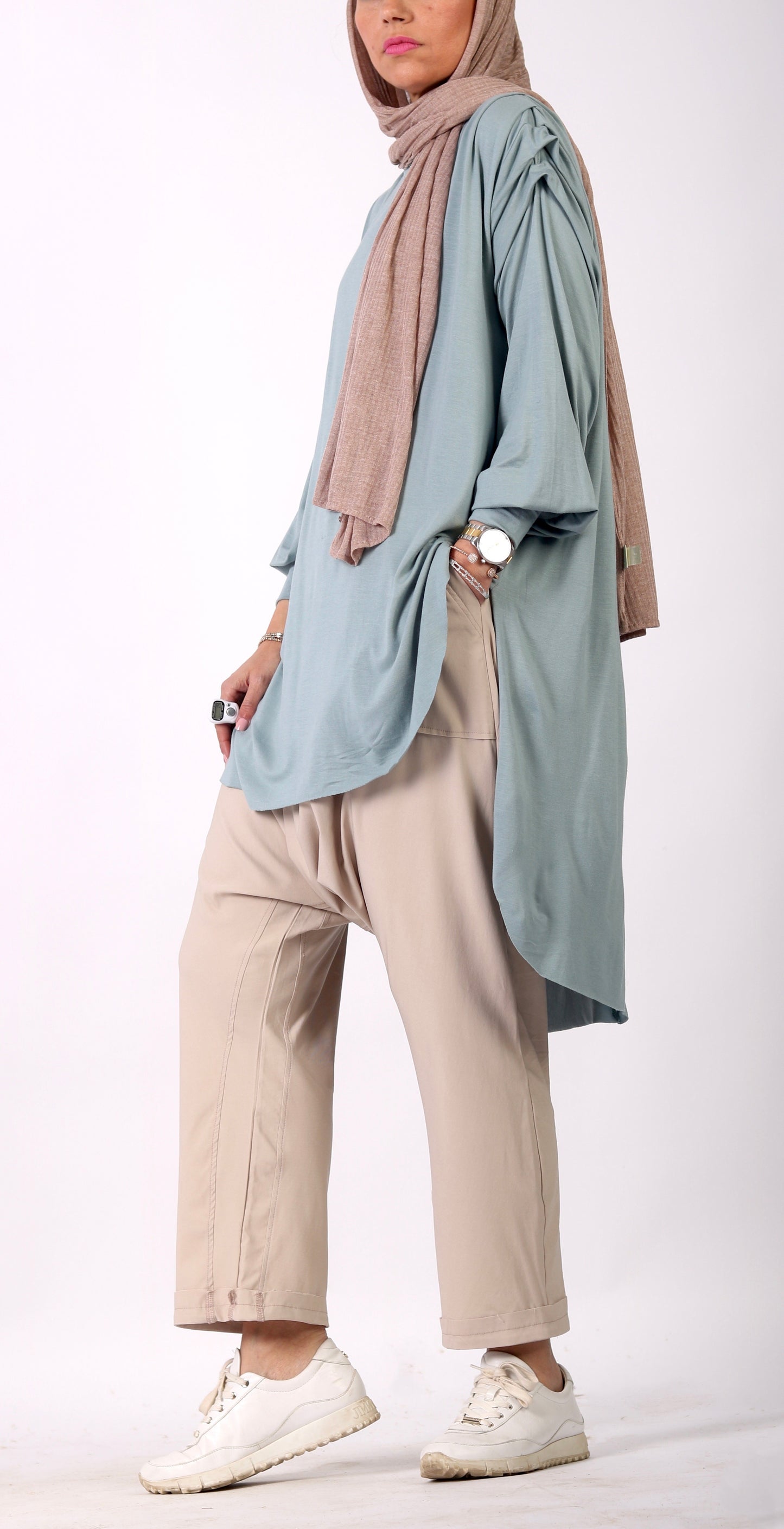 High Low Drapee Sleeves Top in Off White