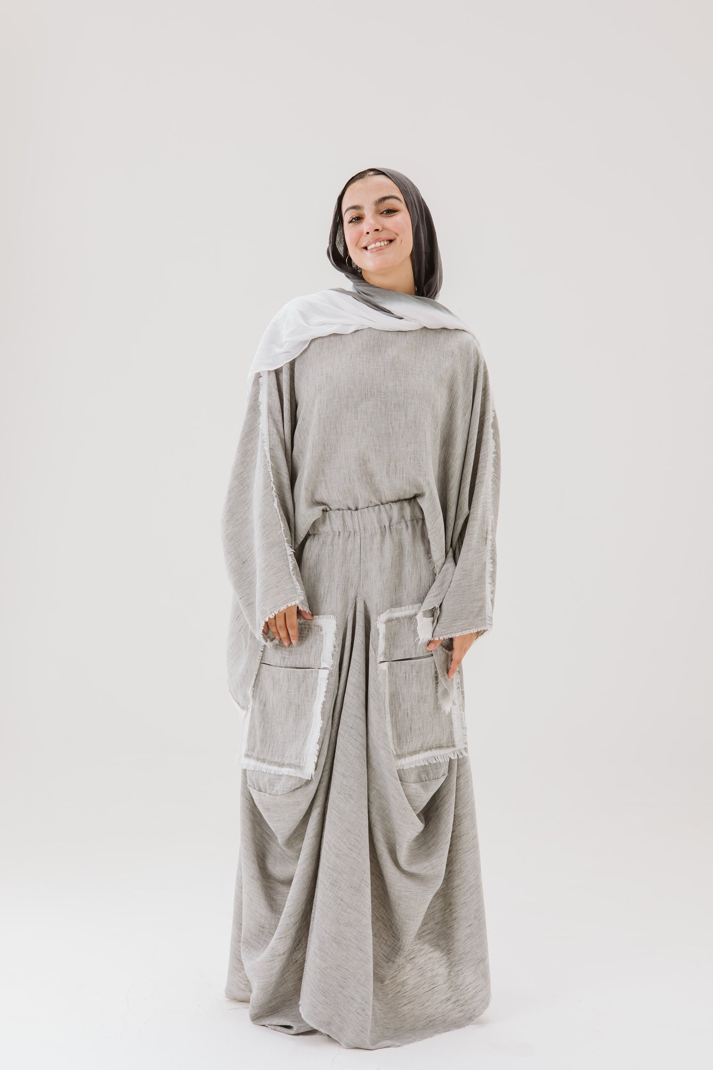 Linen Asymmetrical Pockets Skirt in Grey
