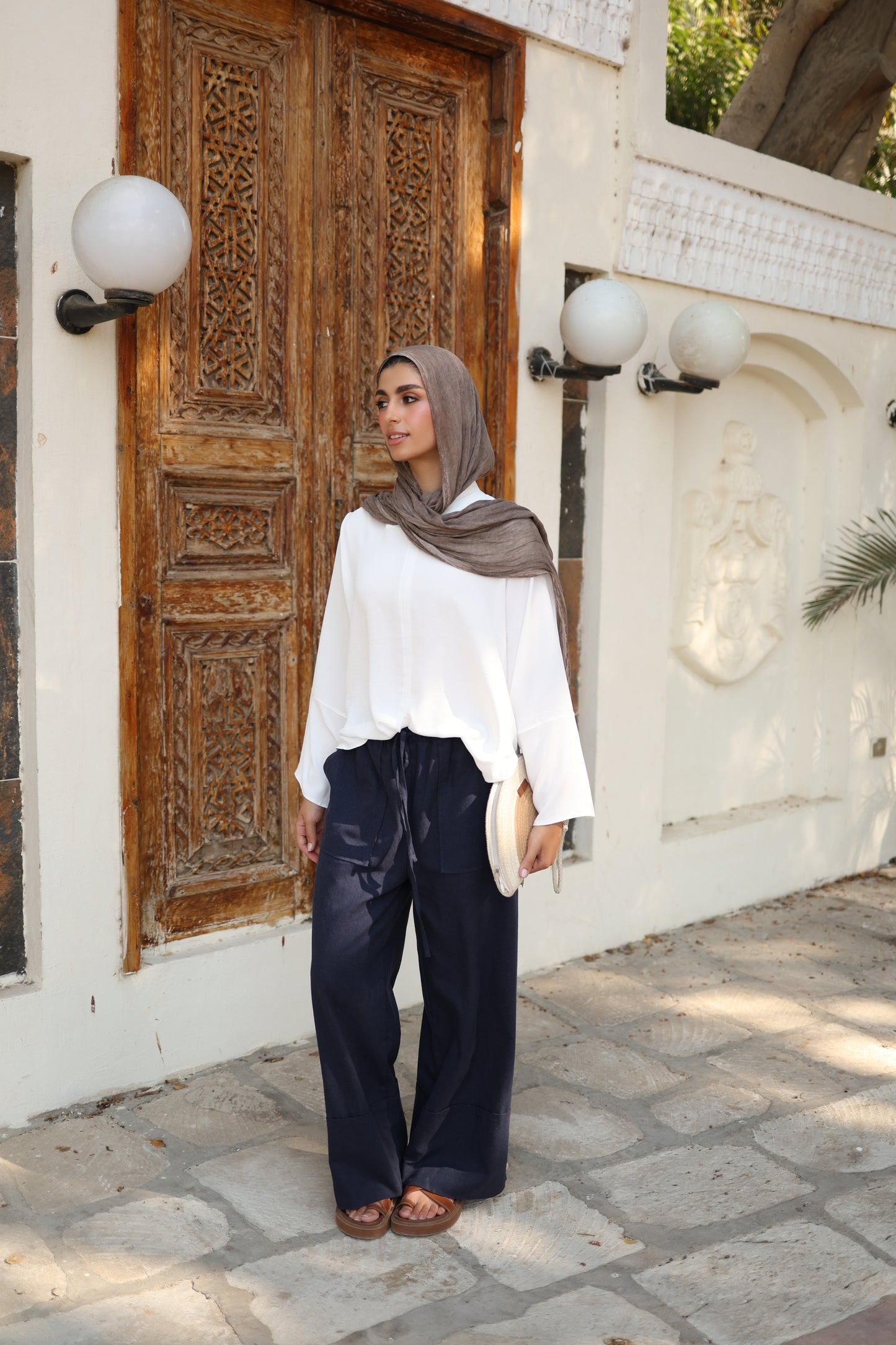 Linen wide Pants in Navy Blue