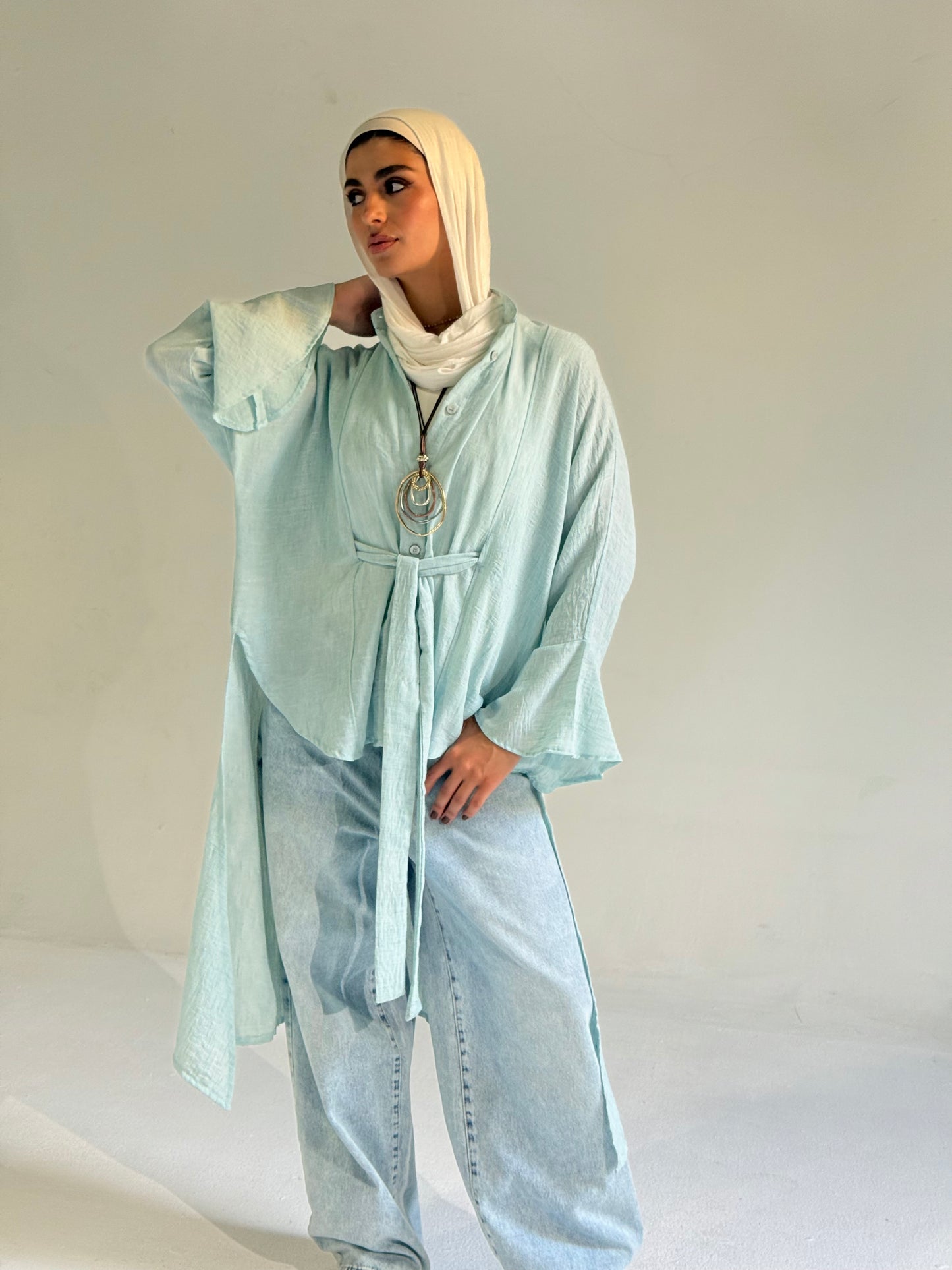 Linen Belted Asymmetrical Shirt in Aqua Blue