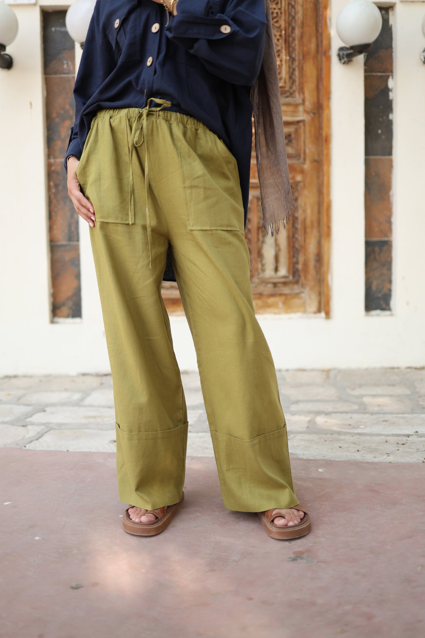 Wide Linen Pants in Olive