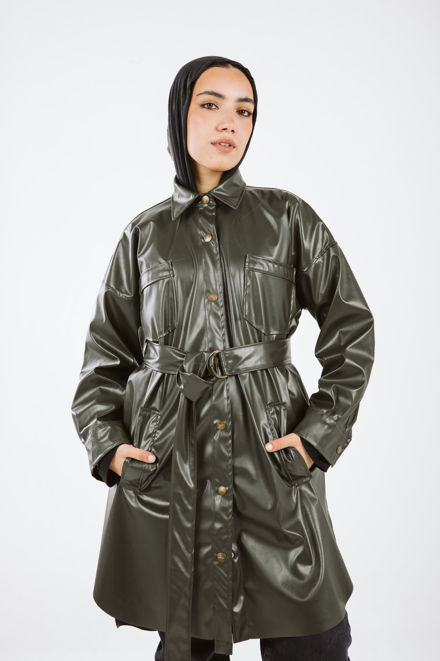 Faux Leather High Low Shirt in Olive