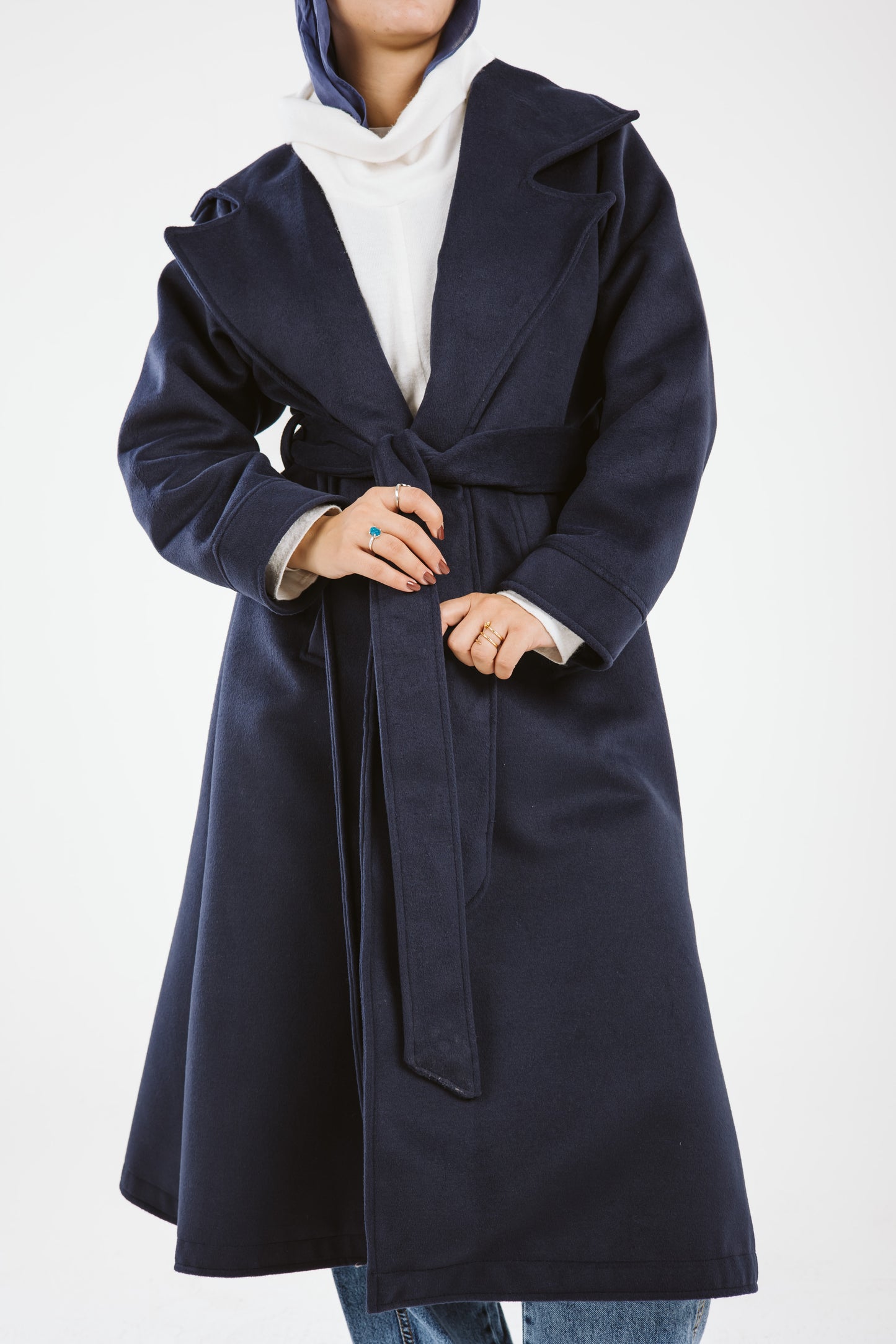 Woolen Trench Coat in Navy Blue