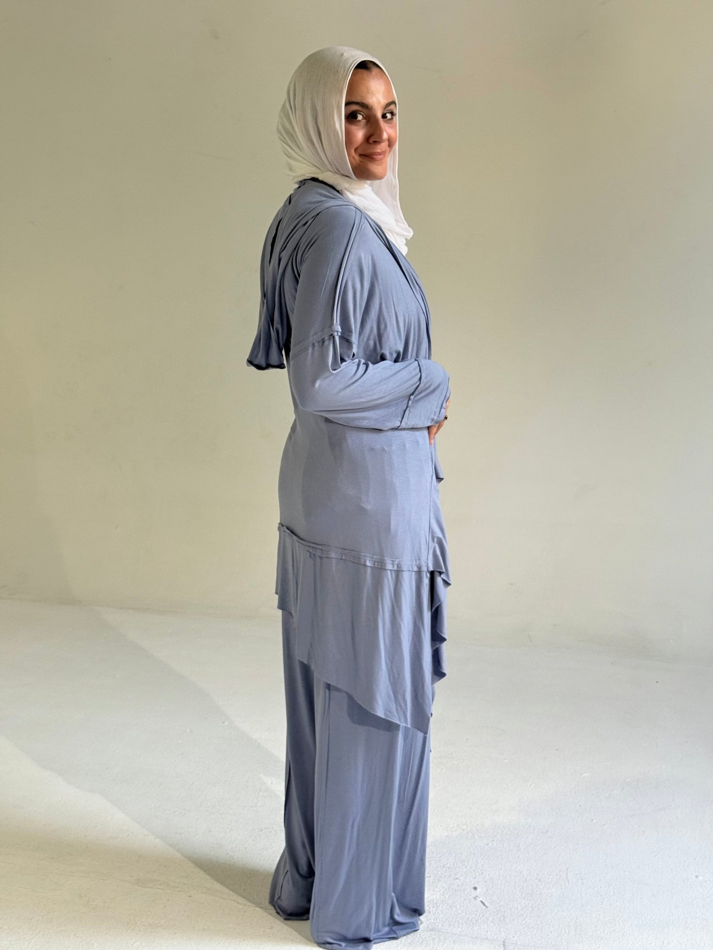 Asymmetrical Cardigan Set in Blue Jeans