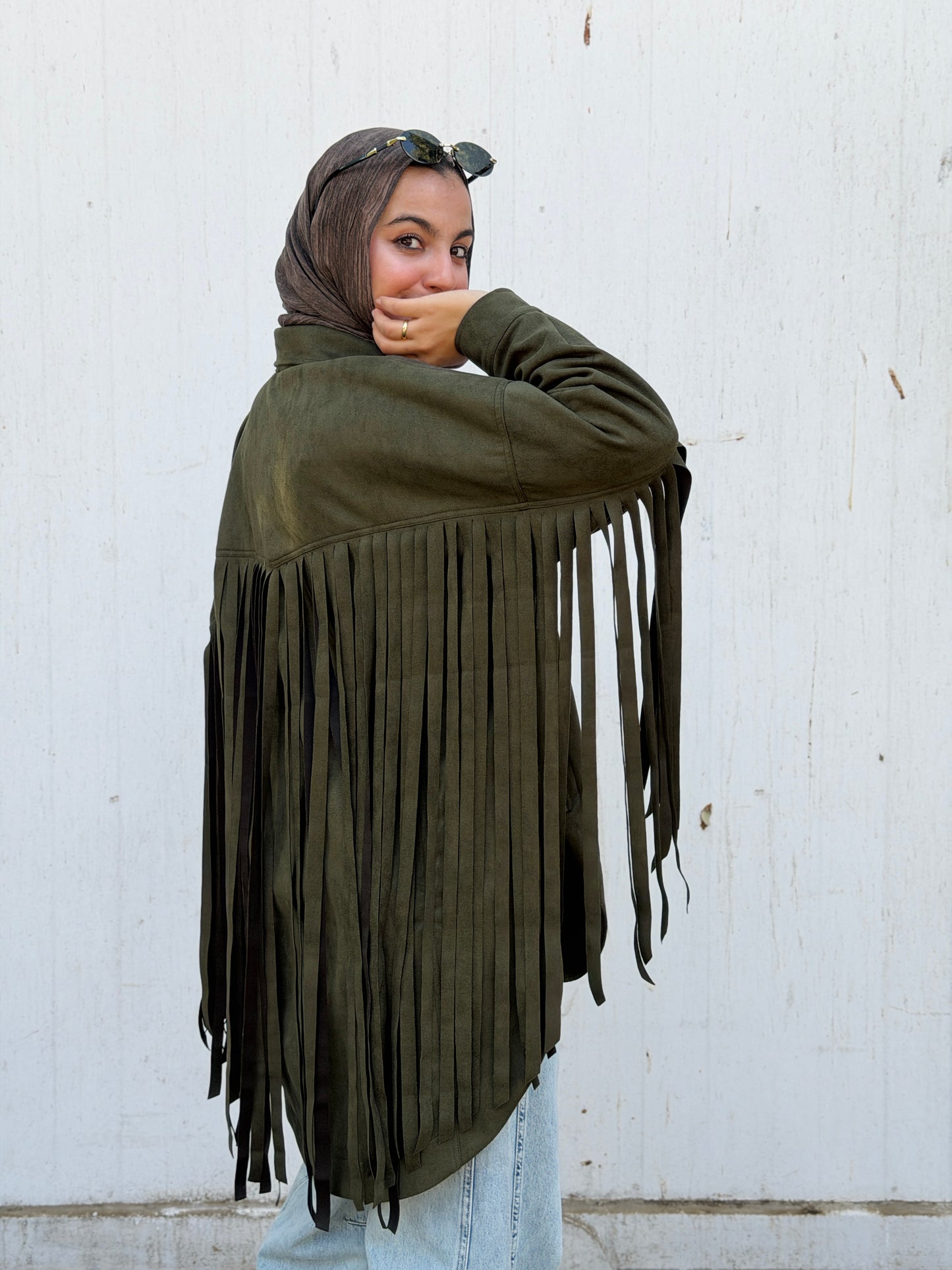 Back Fringes Suede Shirt in Olive