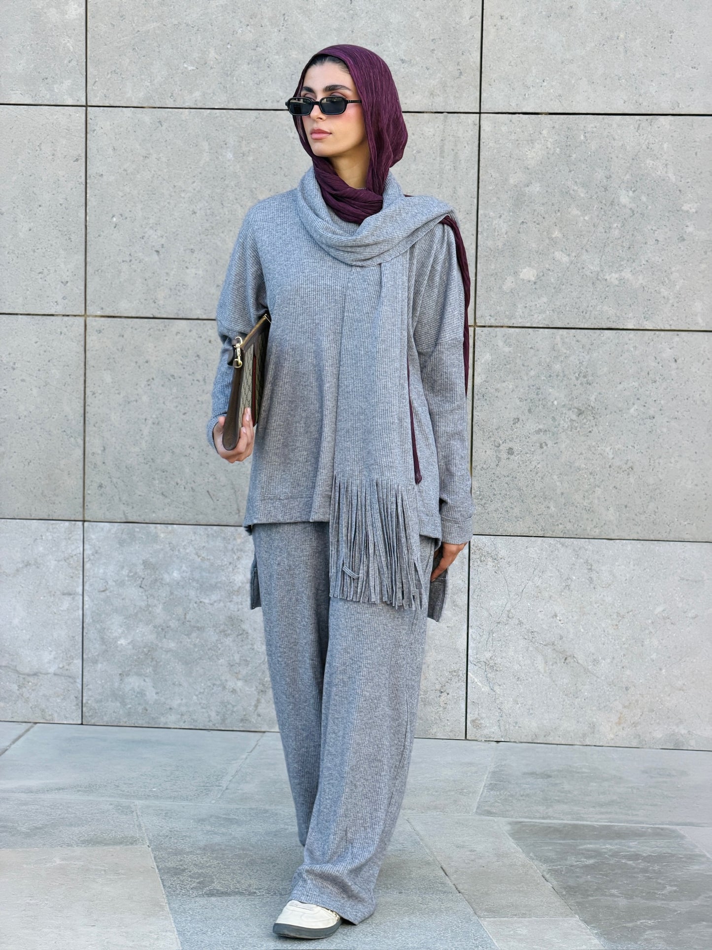 Cozy Fringes Scarf Knit Set in Grey