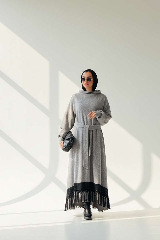 Fringes Soft Wool Dress in Grey