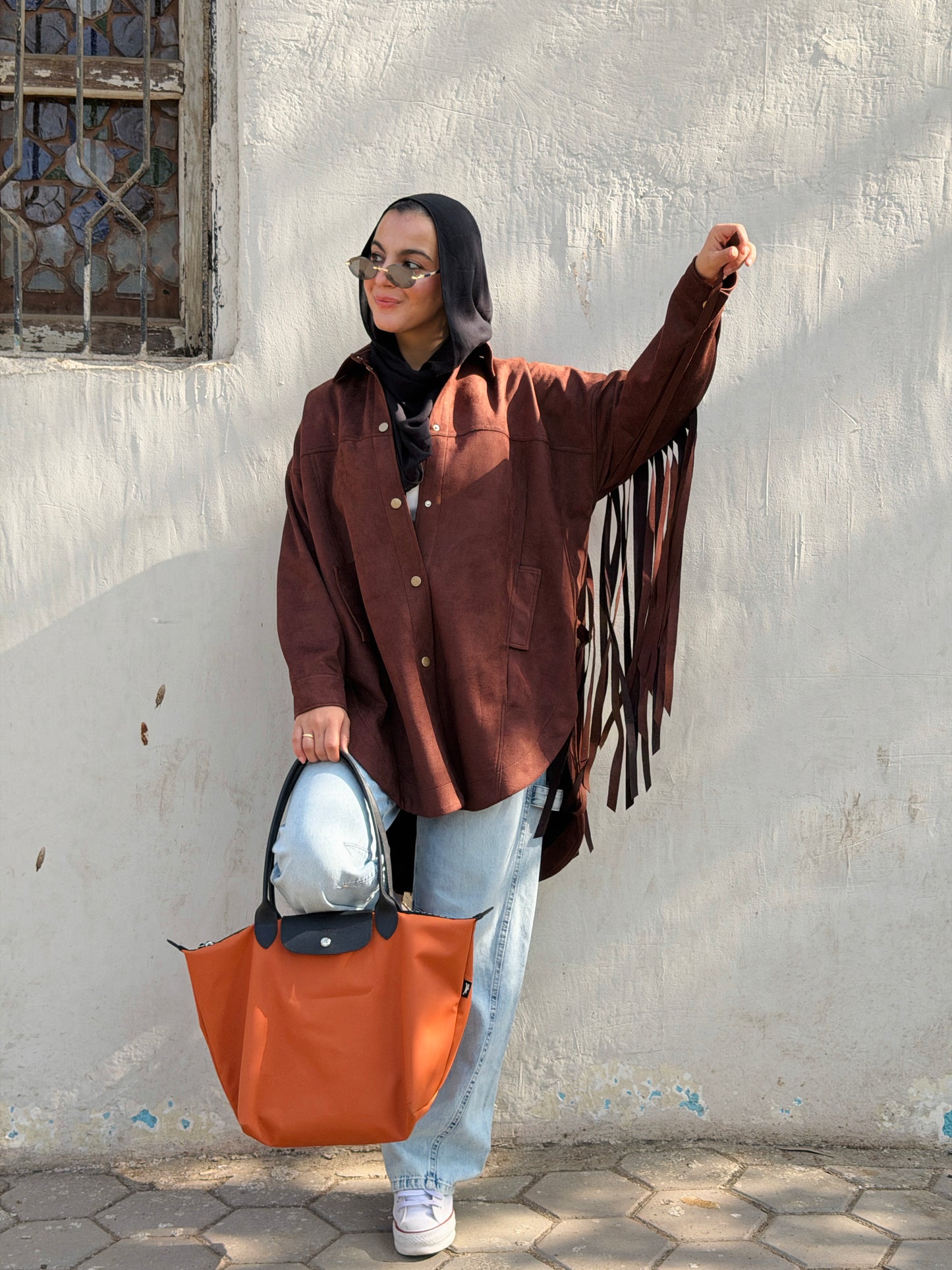 Back Fringes Suede Shirt in Brown