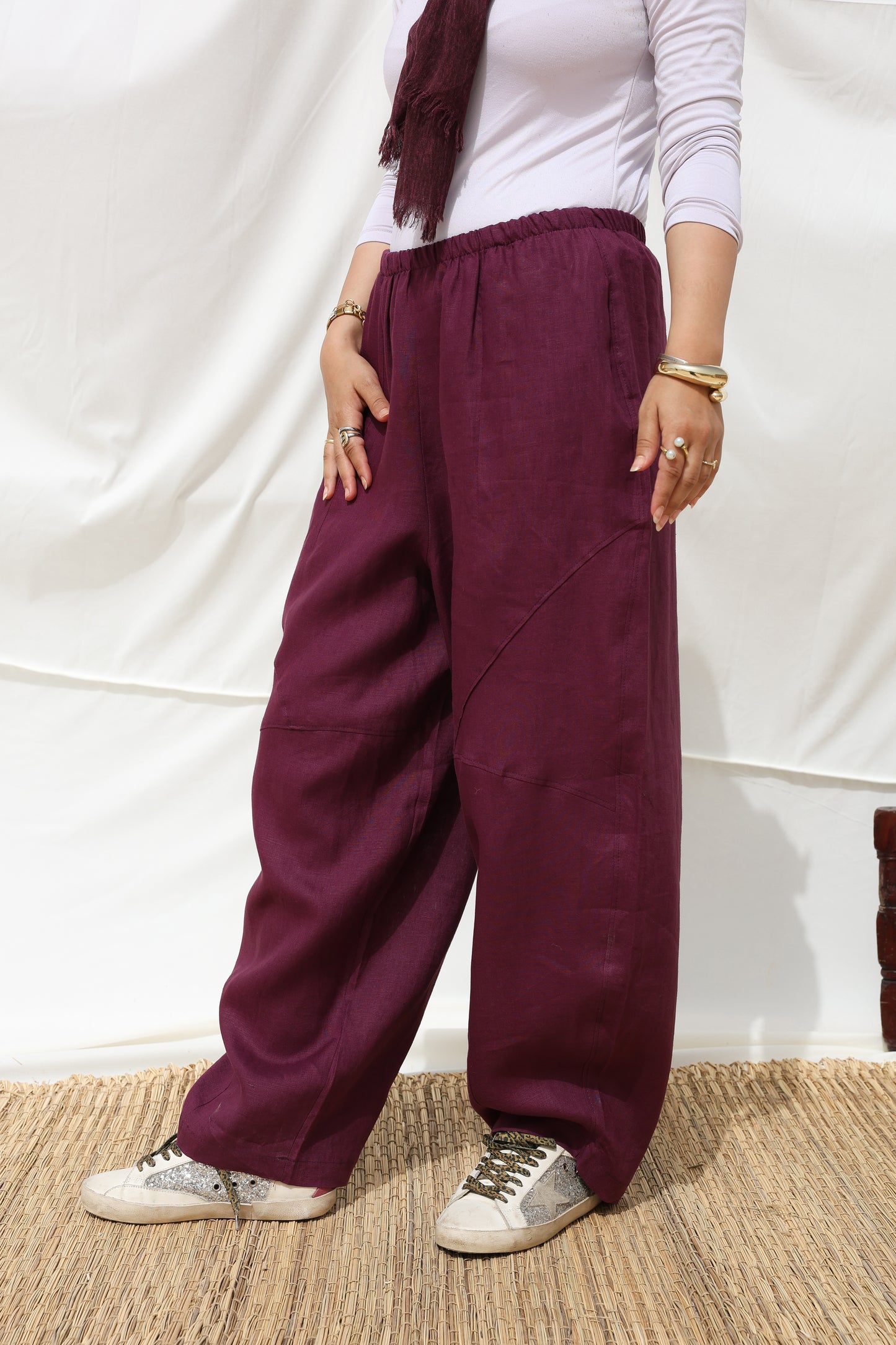 Barrel-leg Linen Pants in Mulberry