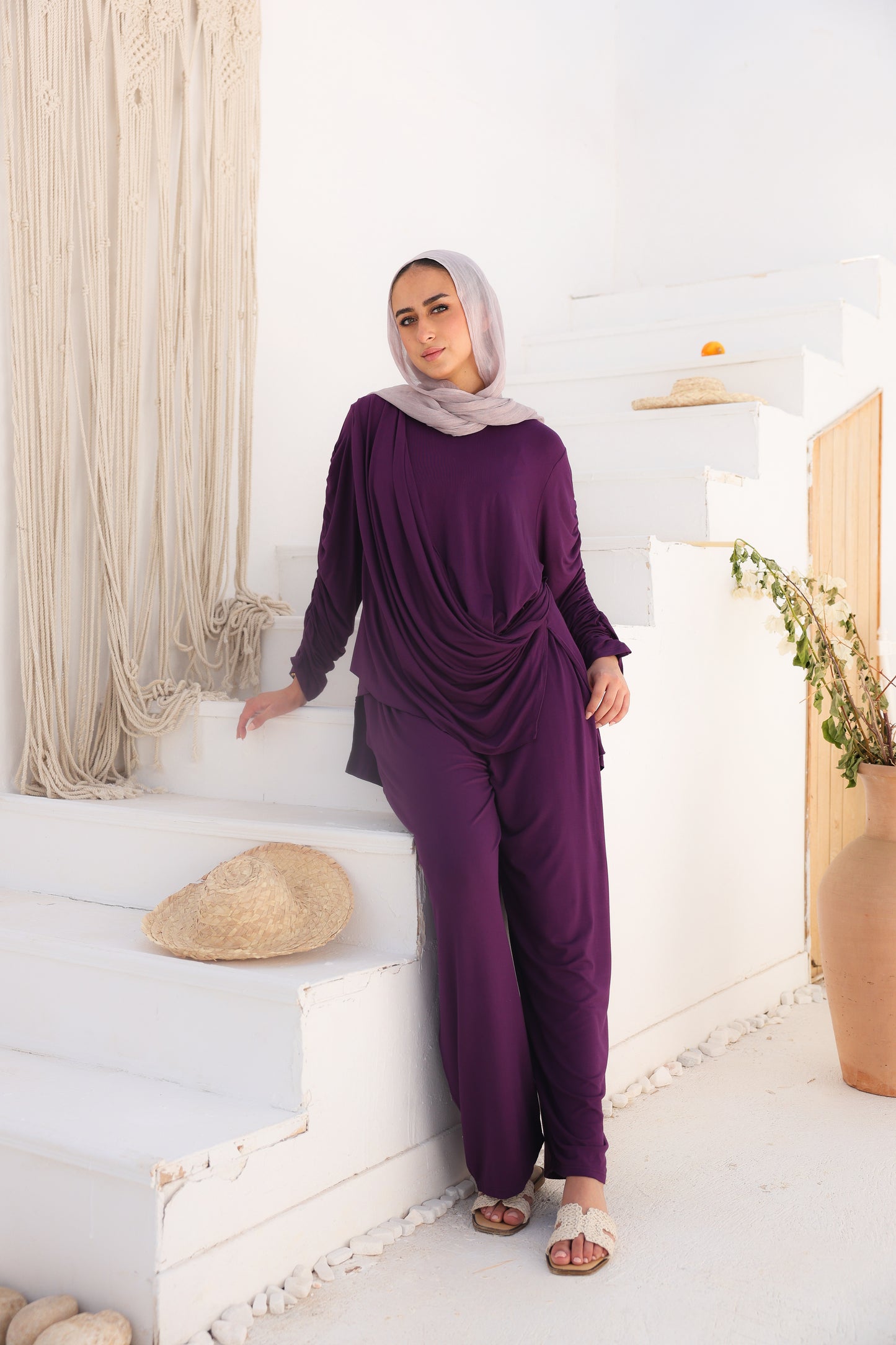 Side Drapeé Cotton Set in Purple