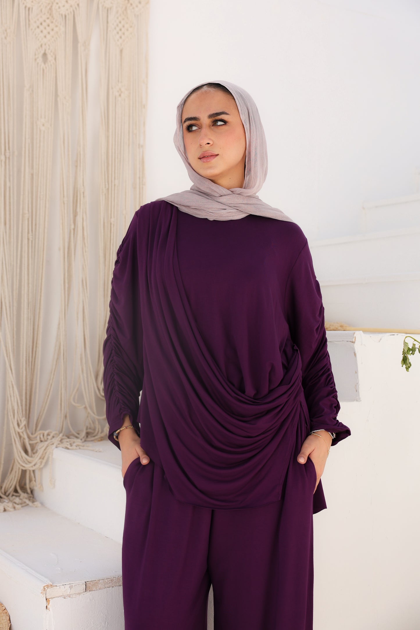 Side Drapeé Cotton Set in Purple