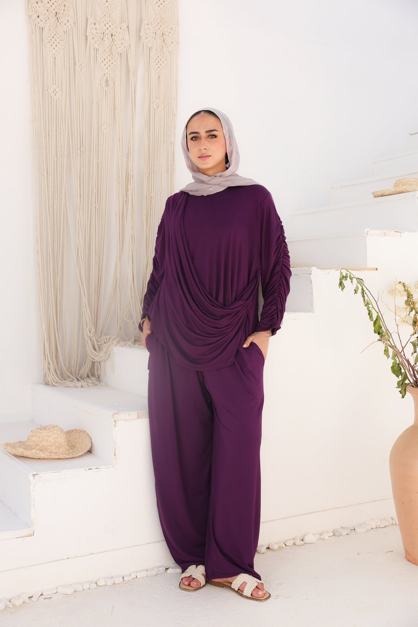 Side Drapeé Cotton Set in Purple
