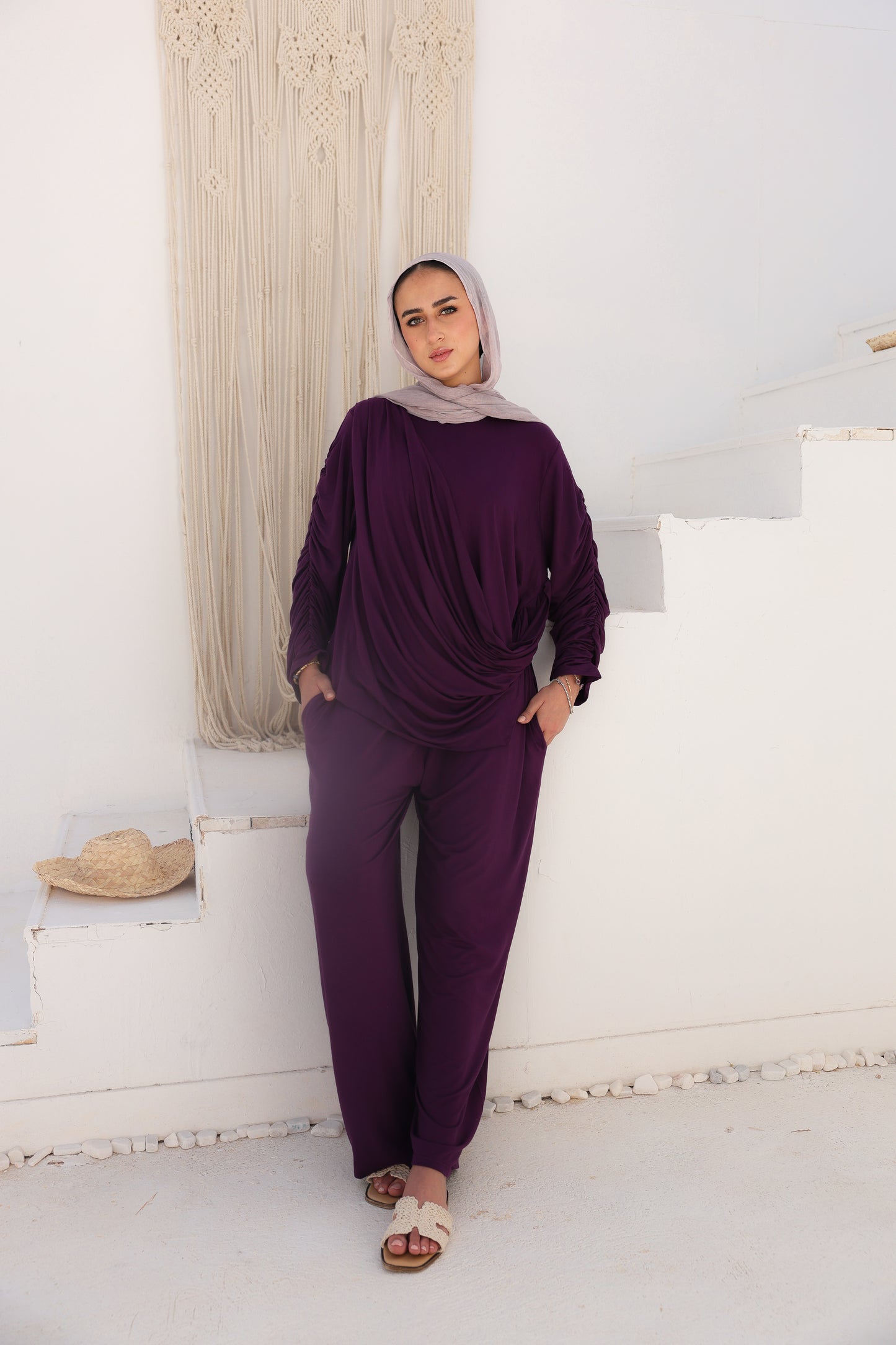 Side Drapeé Cotton Set in Purple