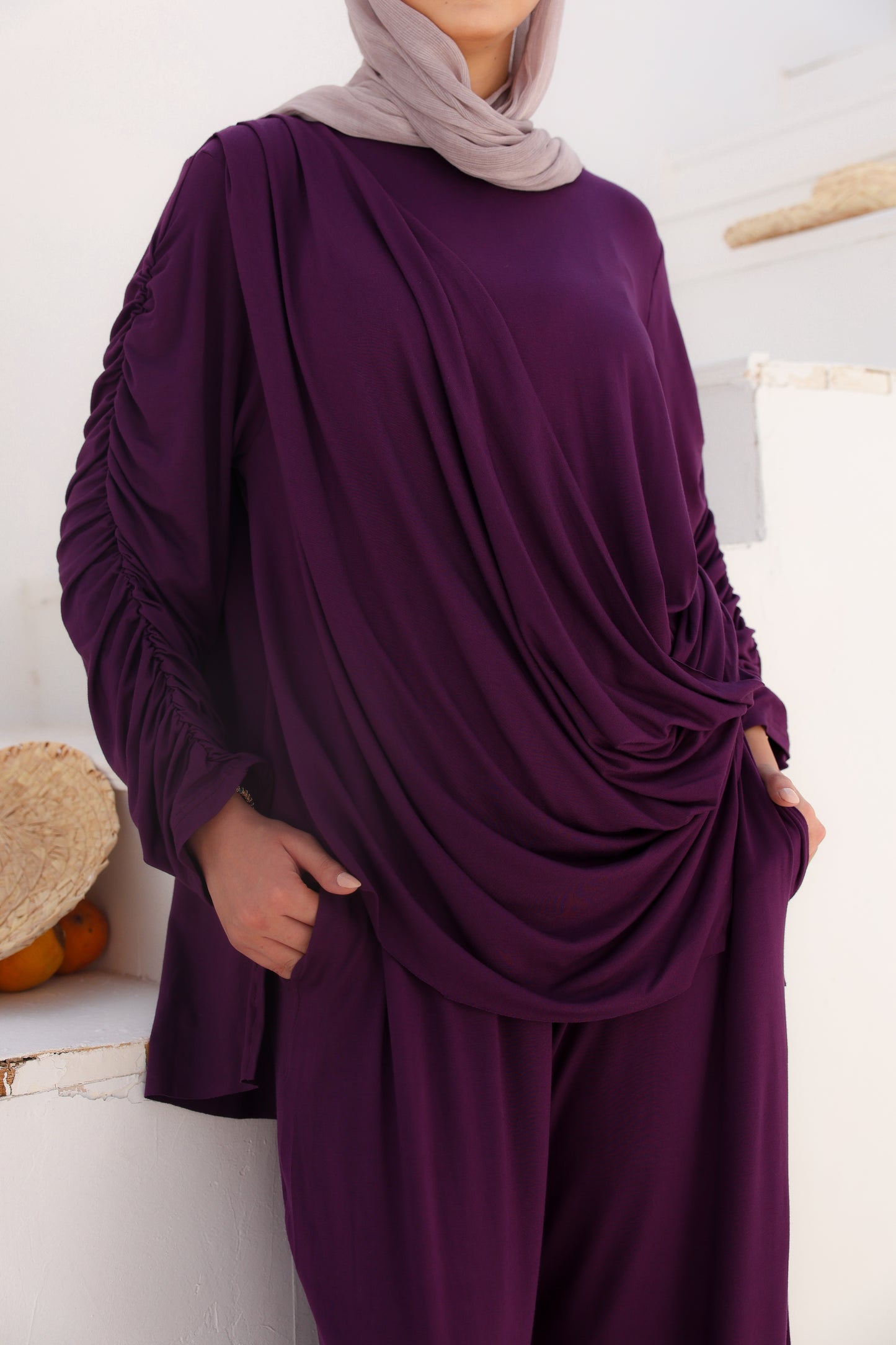 Side Drapeé Cotton Set in Purple