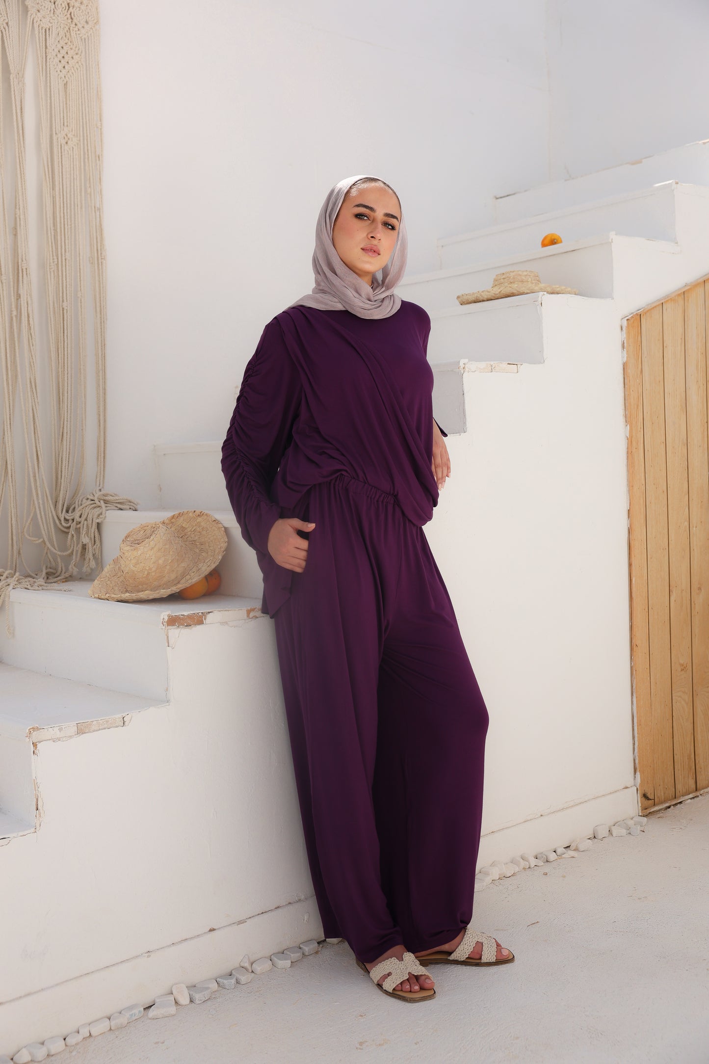 Side Drapeé Cotton Set in Purple